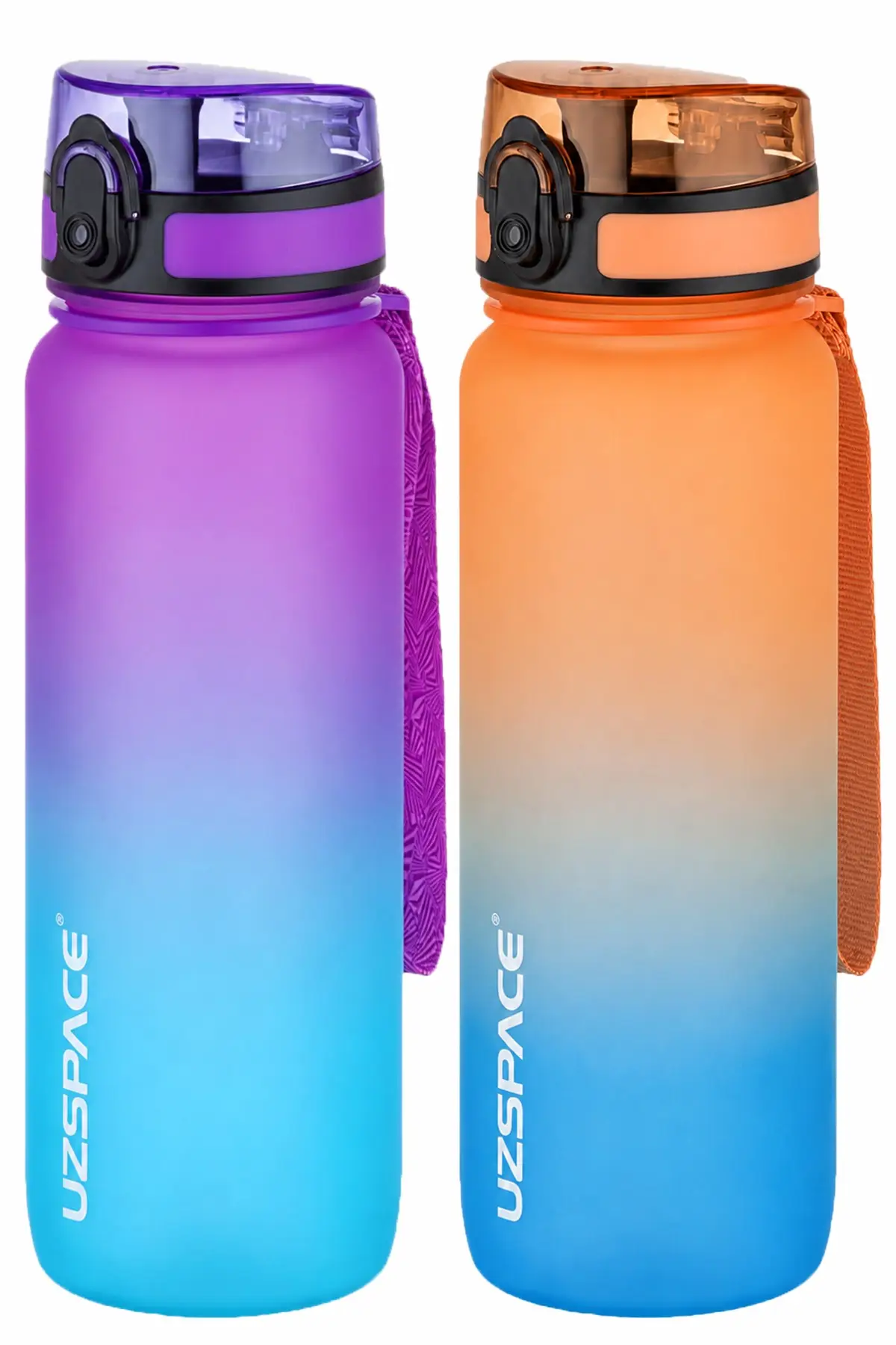 Uzspace 2'li Tritan Matara Seti 800 ml Çift Renk Softtouch FF Collection Tritan Su Matarası - MorMavi-TuruncuMavi