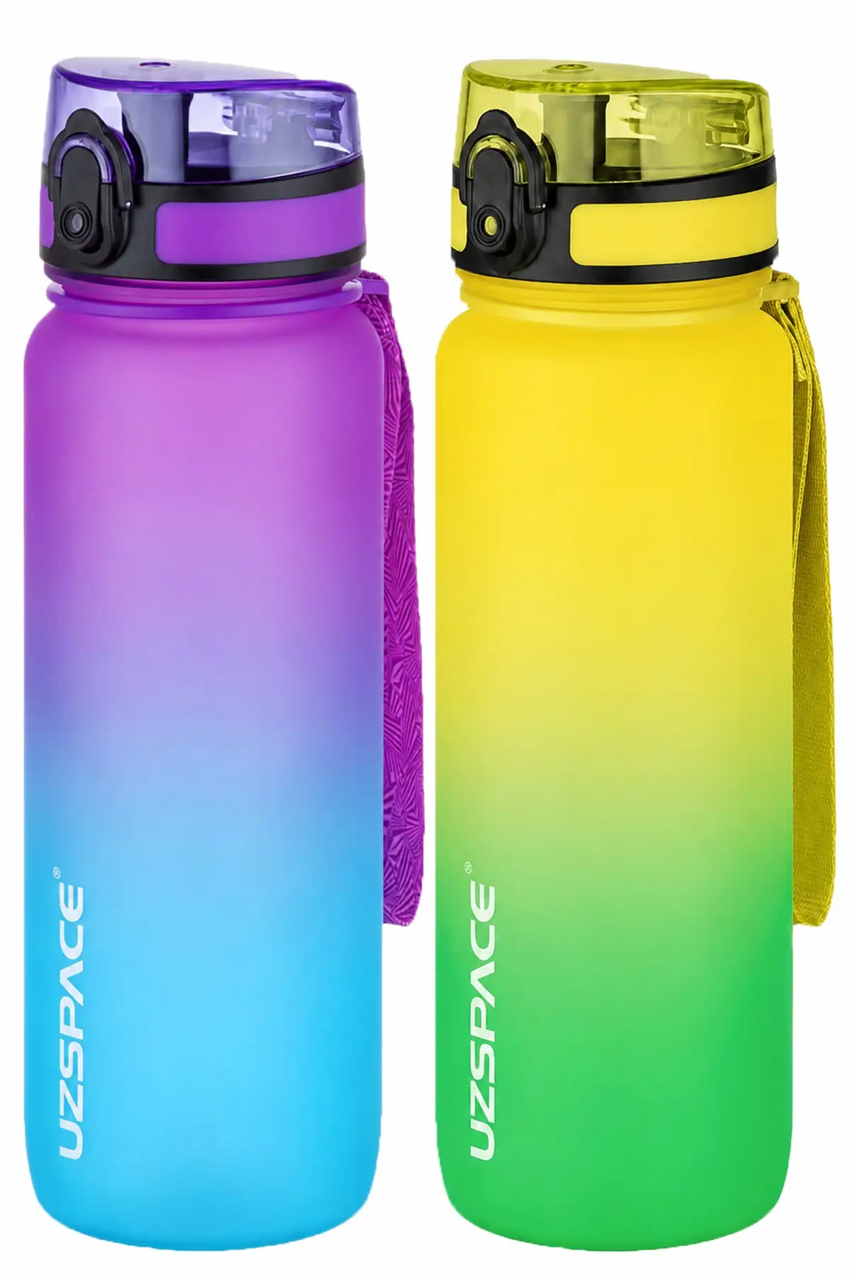 Uzspace 2'li Tritan Matara Seti 800 ml Çift Renk Softtouch FF Collection Tritan Su Matarası - MorMavi-SarıYeşil