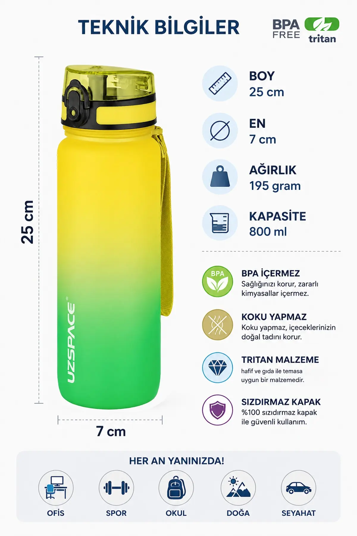 Uzspace 2'li Tritan Matara Seti 800 ml Çift Renk Softtouch FF Collection Tritan Su Matarası