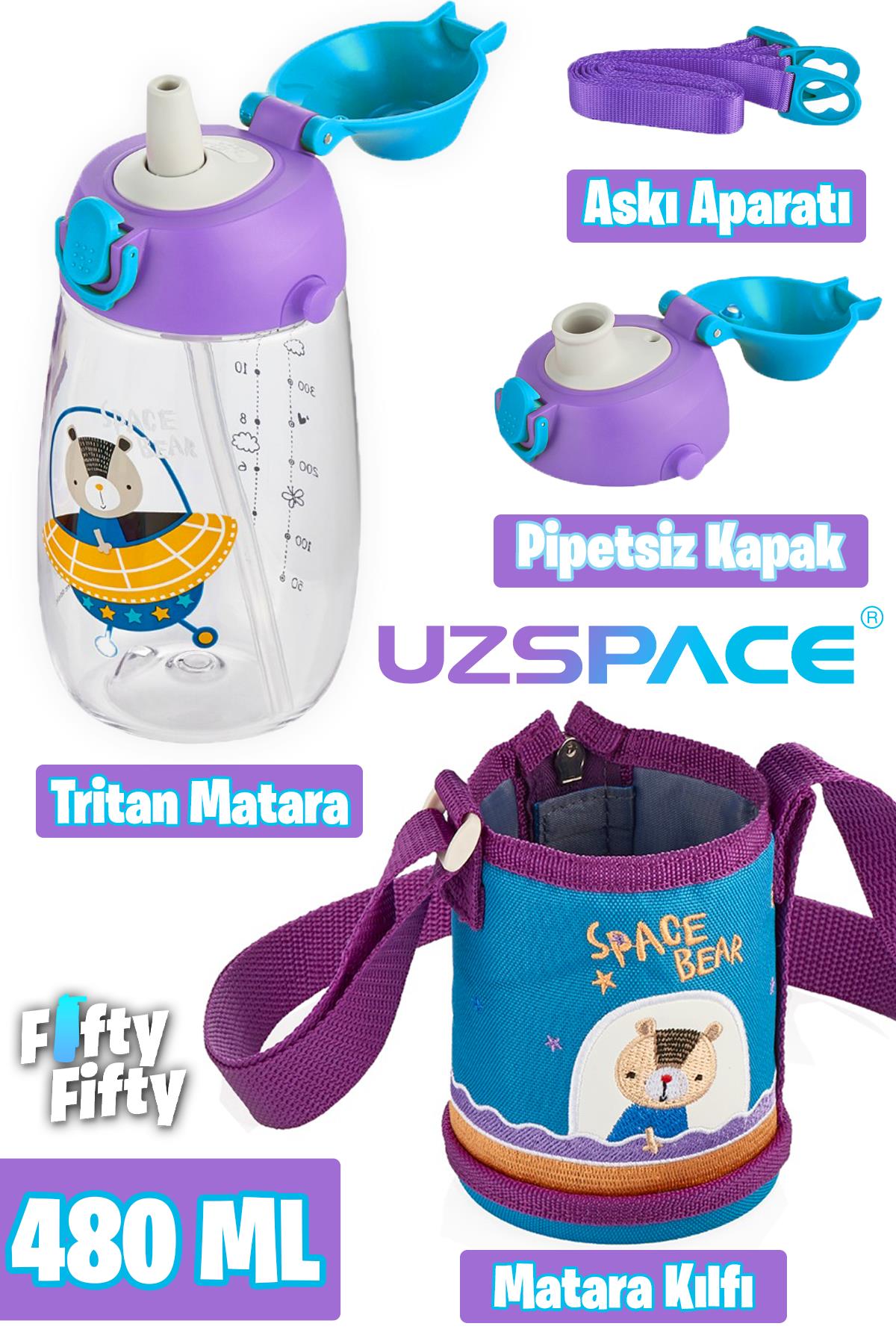 Uzspace 480 ml Kılıflı 2 Ayrı Kapaklı Pipetli/Pipetsiz Tritan Çocuk Su Matarası