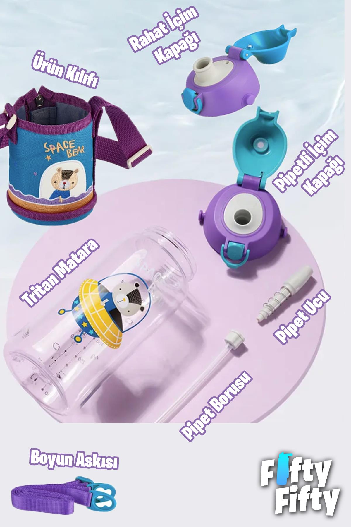 Uzspace 480 ml Kılıflı 2 Ayrı Kapaklı Pipetli/Pipetsiz Tritan Çocuk Su Matarası