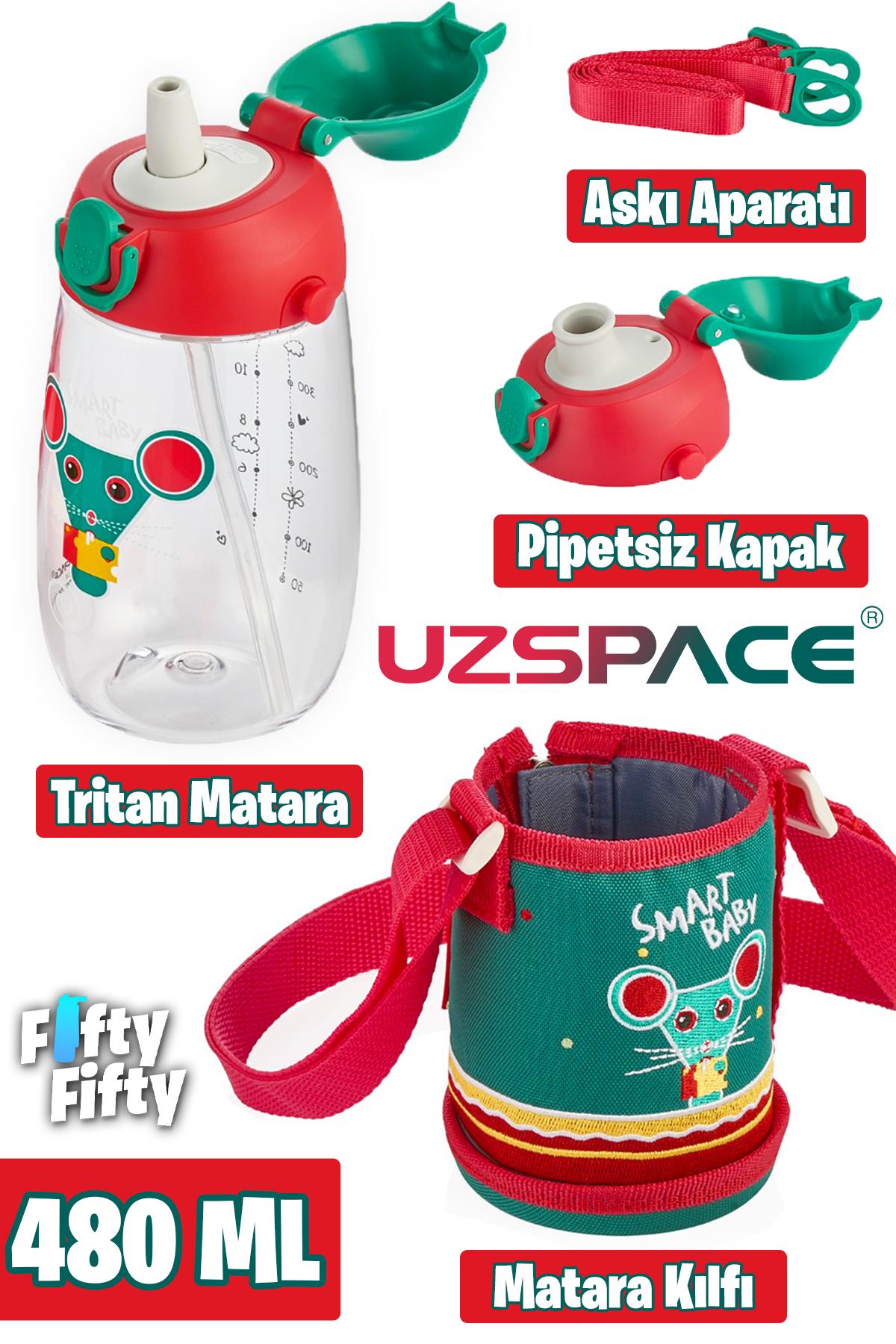 Uzspace 480 ml Kılıflı 2 Ayrı Kapaklı Pipetli/Pipetsiz Tritan Çocuk Su Matarası