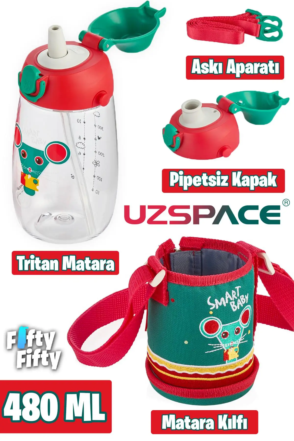 Uzspace 480 ml Kılıflı 2 Ayrı Kapaklı Pipetli/Pipetsiz Tritan Çocuk Su Matarası - kırmızı-yeşil