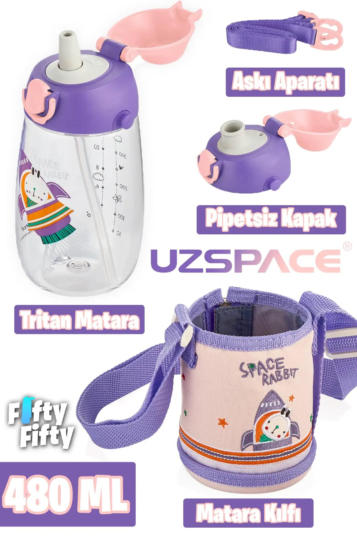 Uzspace 480 ml Kılıflı 2 Ayrı Kapaklı Pipetli/Pipetsiz Tritan Çocuk Su Matarası - mor-yavruazı