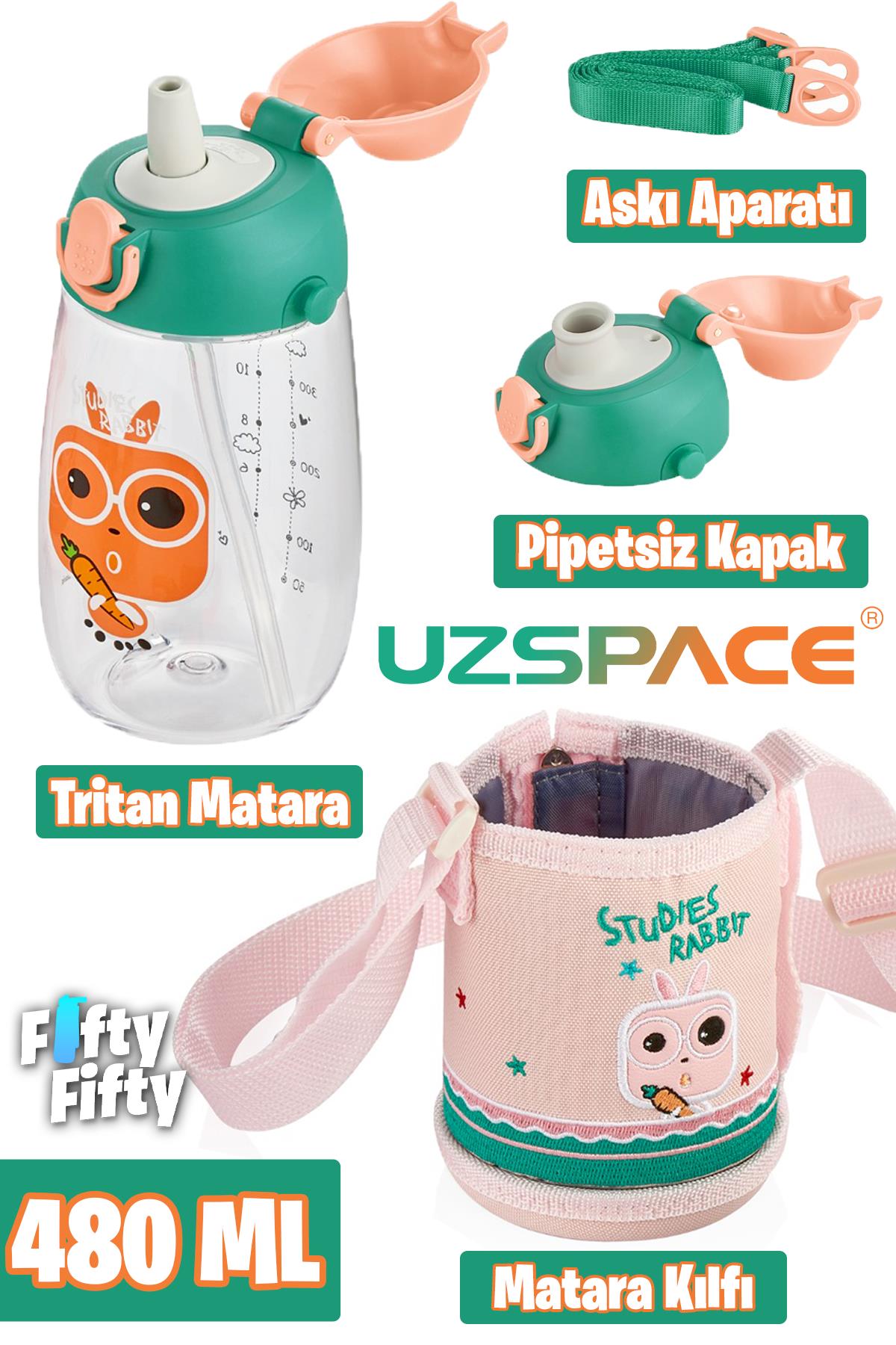 Uzspace 480 ml Kılıflı 2 Ayrı Kapaklı Pipetli/Pipetsiz Tritan Çocuk Su Matarası