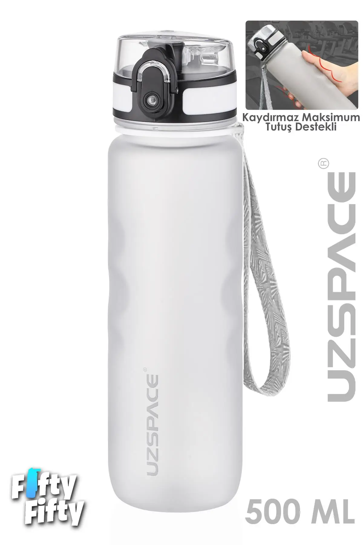 Uzspace 500 ML Kaydırmaz Maksimum Tutuş Destekli Tritan Su Matarası -FFUZ1215 - Beyaz