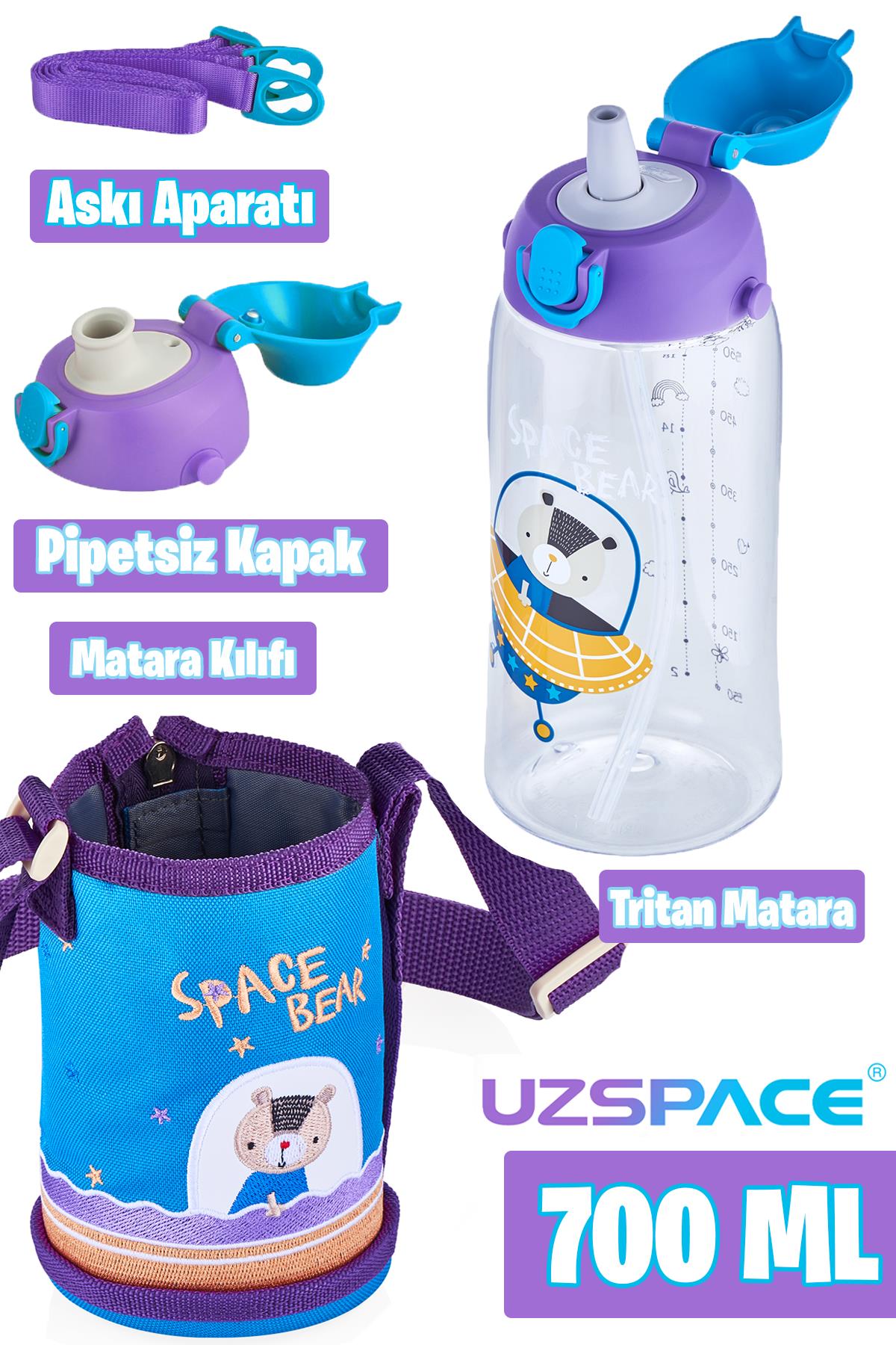 Uzspace 700 ml Kılıflı 2 Ayrı Kapaklı Pipetli/Pipetsiz Tritan Çocuk Su Matarası