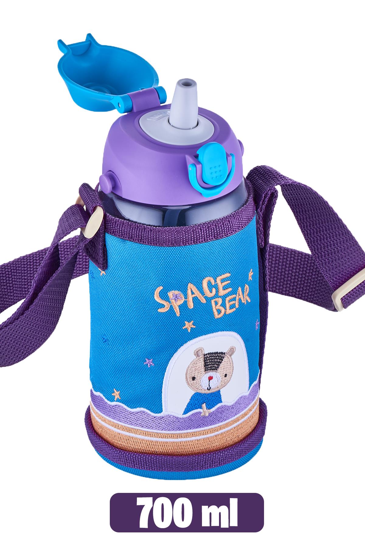 Uzspace 700 ml Kılıflı 2 Ayrı Kapaklı Pipetli/Pipetsiz Tritan Çocuk Su Matarası