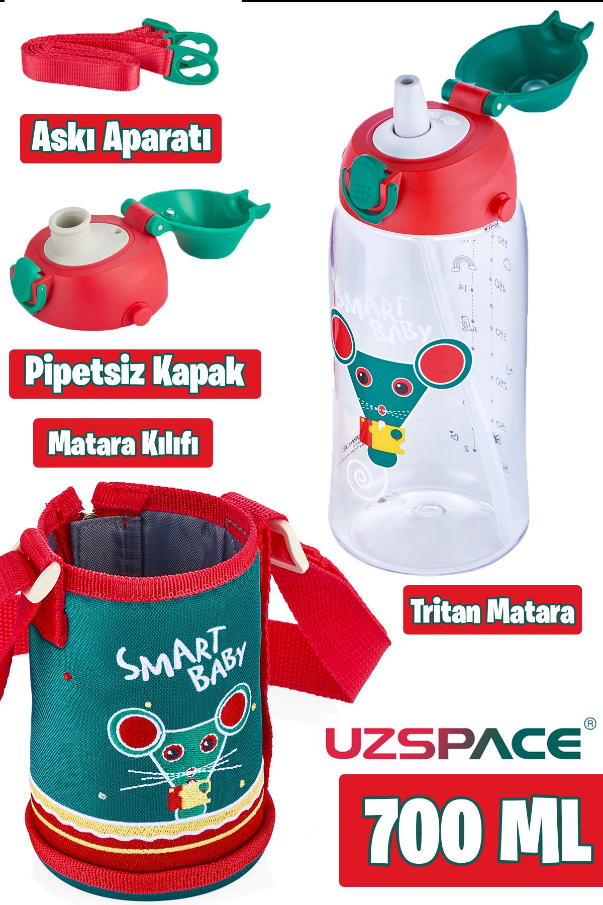 Uzspace 700 ml Kılıflı 2 Ayrı Kapaklı Pipetli/Pipetsiz Tritan Çocuk Su Matarası