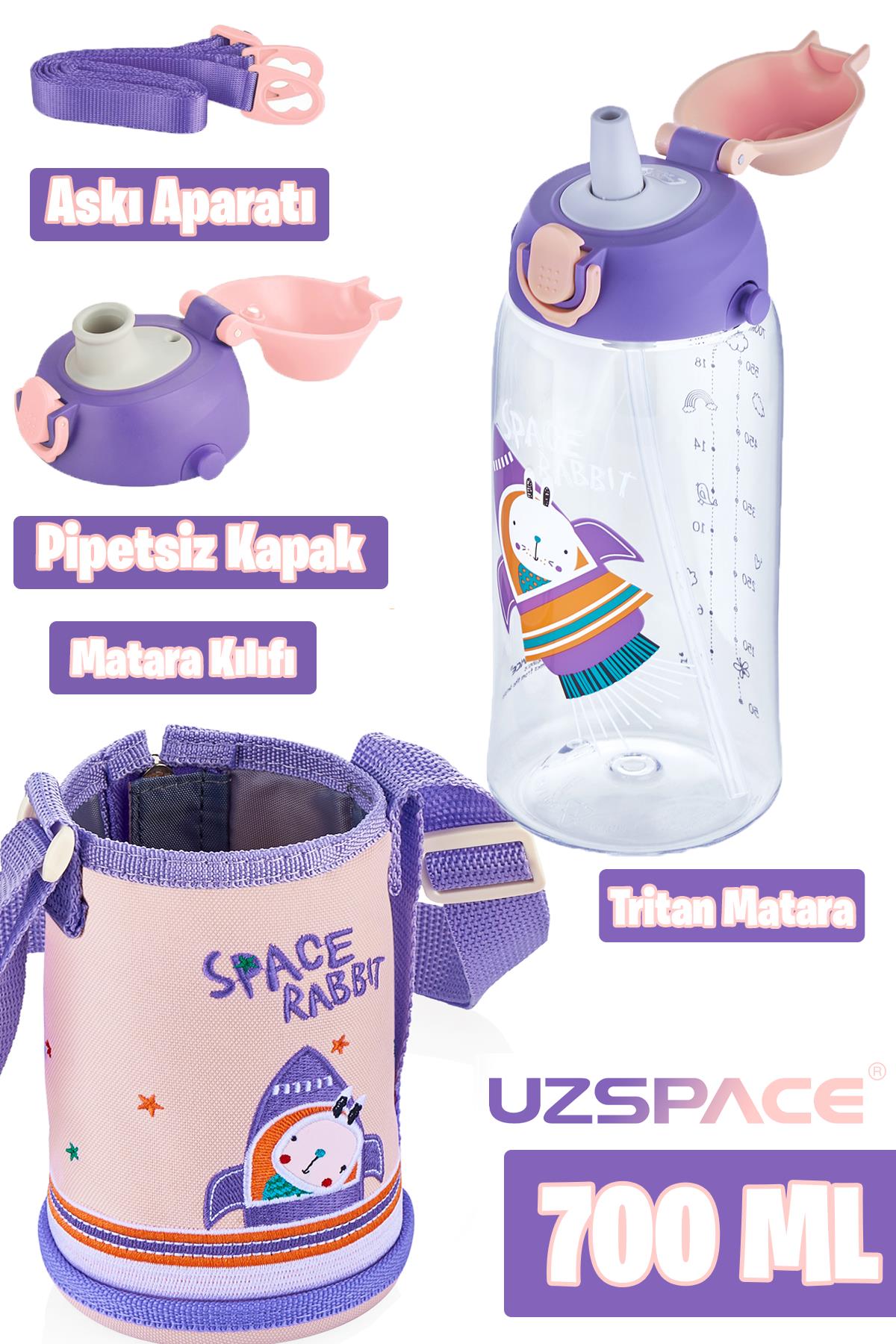 Uzspace 700 ml Kılıflı 2 Ayrı Kapaklı Pipetli/Pipetsiz Tritan Çocuk Su Matarası