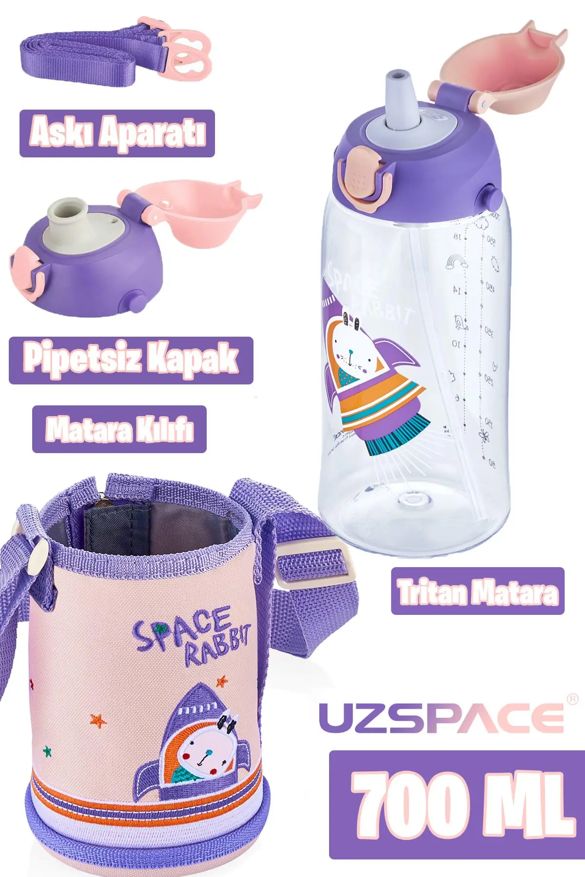 Uzspace 700 ml Kılıflı 2 Ayrı Kapaklı Pipetli/Pipetsiz Tritan Çocuk Su Matarası - mor-yavruazı