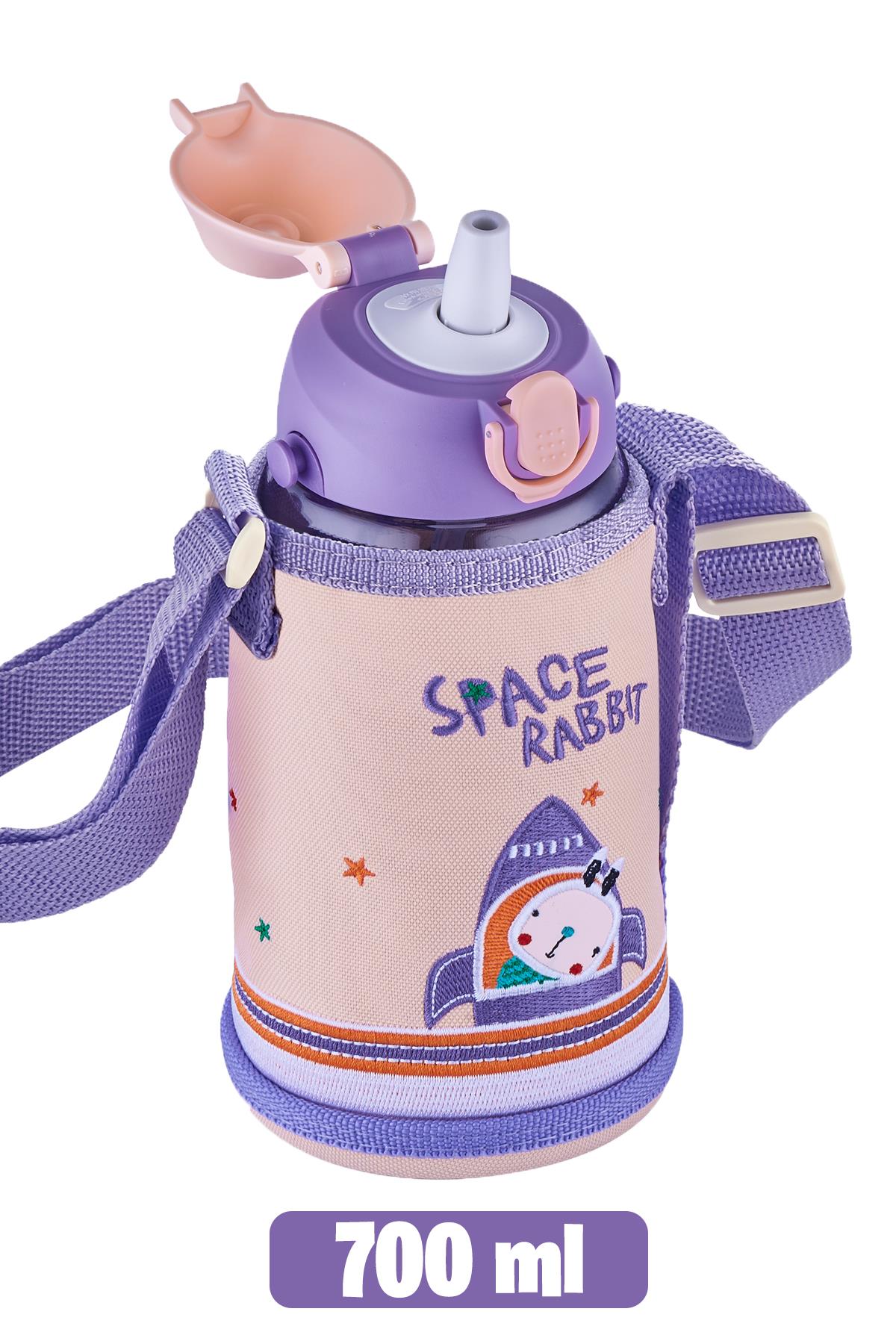 Uzspace 700 ml Kılıflı 2 Ayrı Kapaklı Pipetli/Pipetsiz Tritan Çocuk Su Matarası