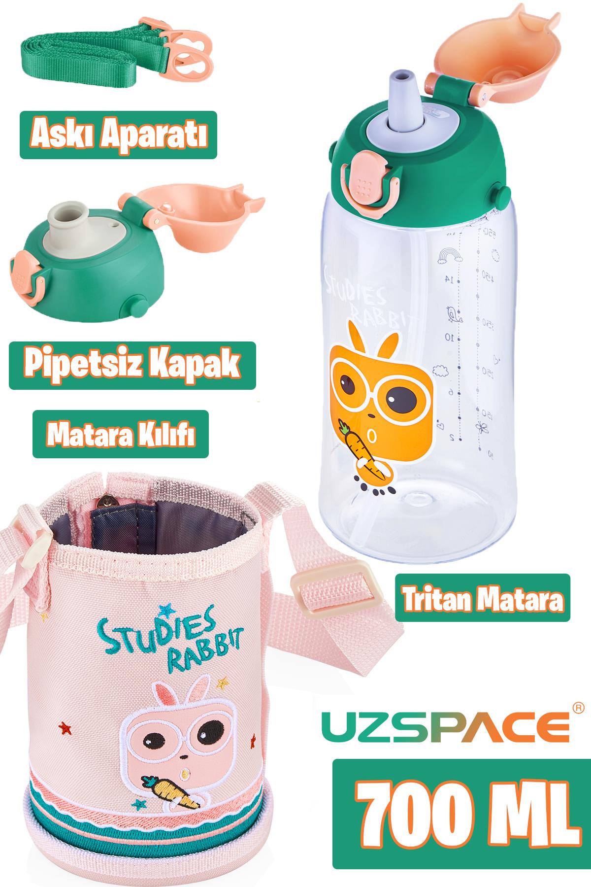Uzspace 700 ml Kılıflı 2 Ayrı Kapaklı Pipetli/Pipetsiz Tritan Çocuk Su Matarası