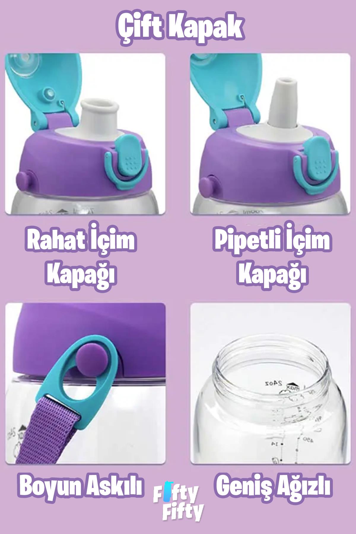 Uzspace 700 ml Kılıflı 2 Ayrı Kapaklı Pipetli/Pipetsiz Tritan Çocuk Su Matarası
