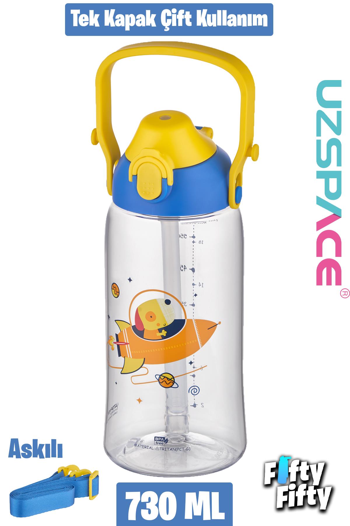 Uzspace 730ml Tritan Tek Kapak Çift Kullanım Pipetli/Pipetsiz Askı Aparatlı Tritan Çocuk Su Matarası