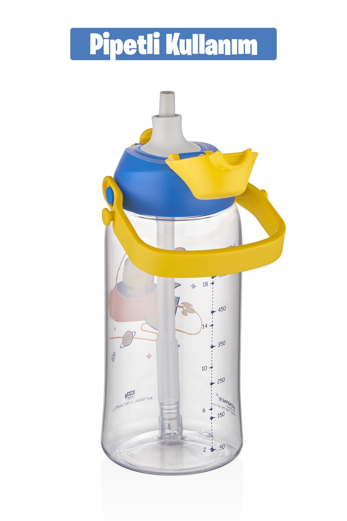 Uzspace 730ml Tritan Tek Kapak Çift Kullanım Pipetli/Pipetsiz Askı Aparatlı Tritan Çocuk Su Matarası