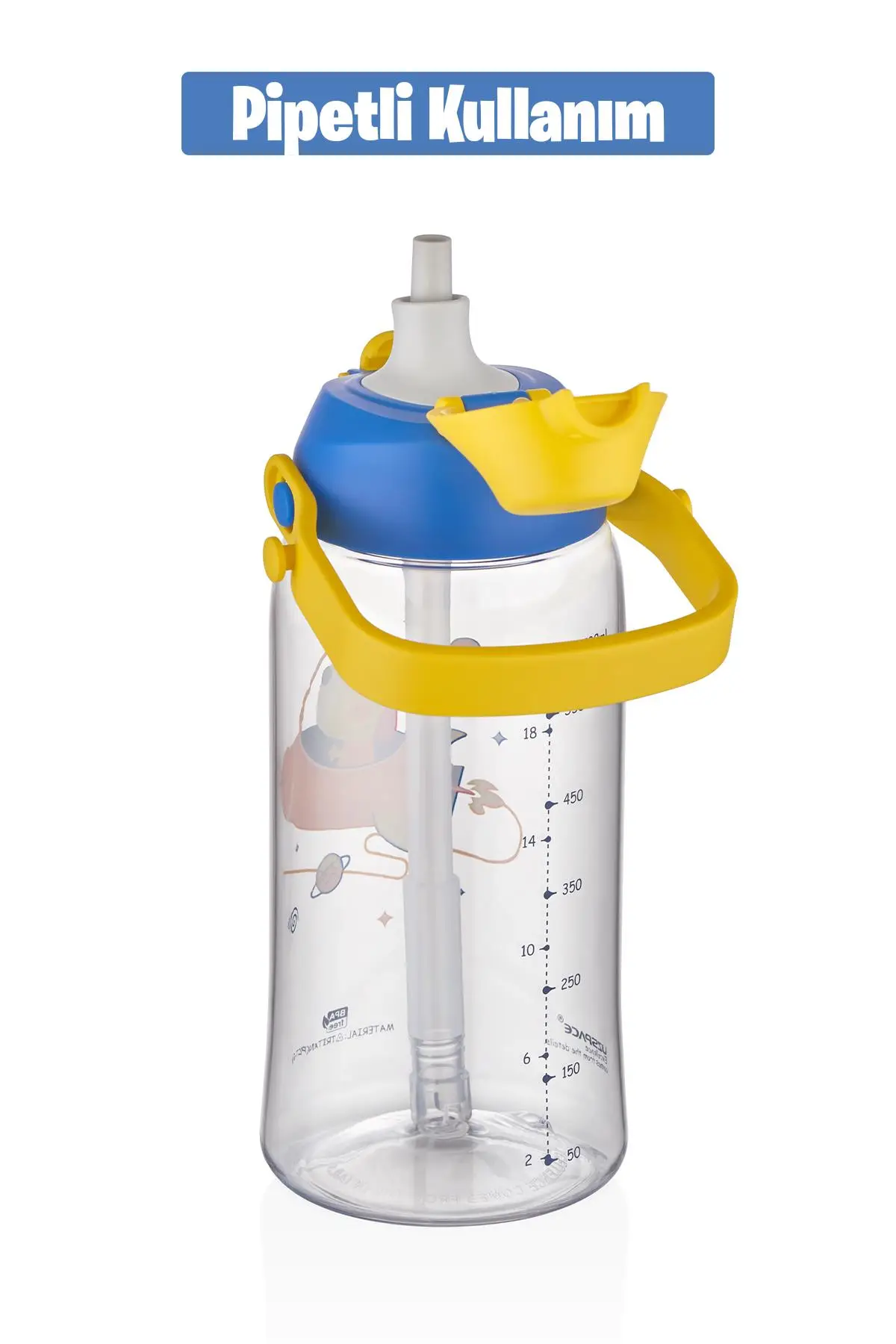 Uzspace 730ml Tritan Tek Kapak Çift Kullanım Pipetli/Pipetsiz Askı Aparatlı Tritan Çocuk Su Matarası