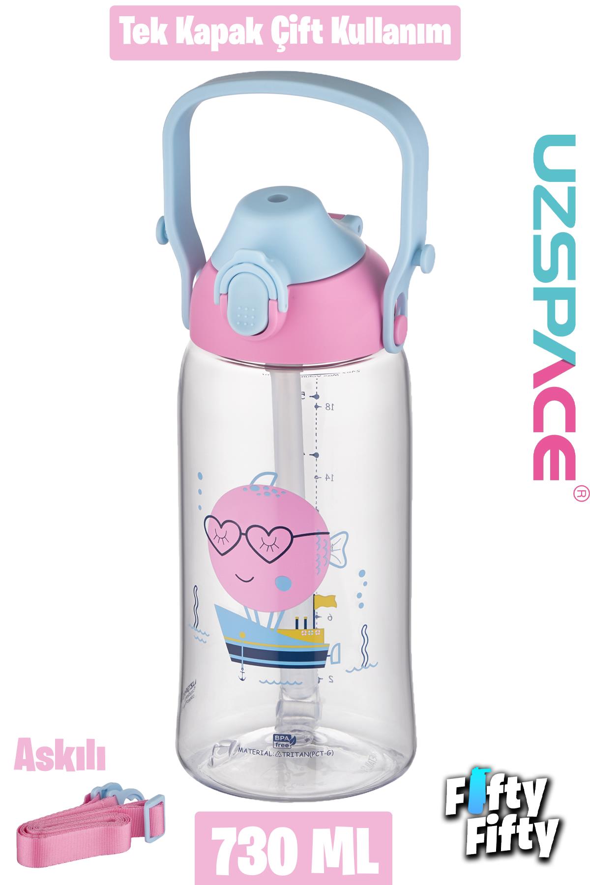 Uzspace 730ml Tritan Tek Kapak Çift Kullanım Pipetli/Pipetsiz Askı Aparatlı Tritan Çocuk Su Matarası