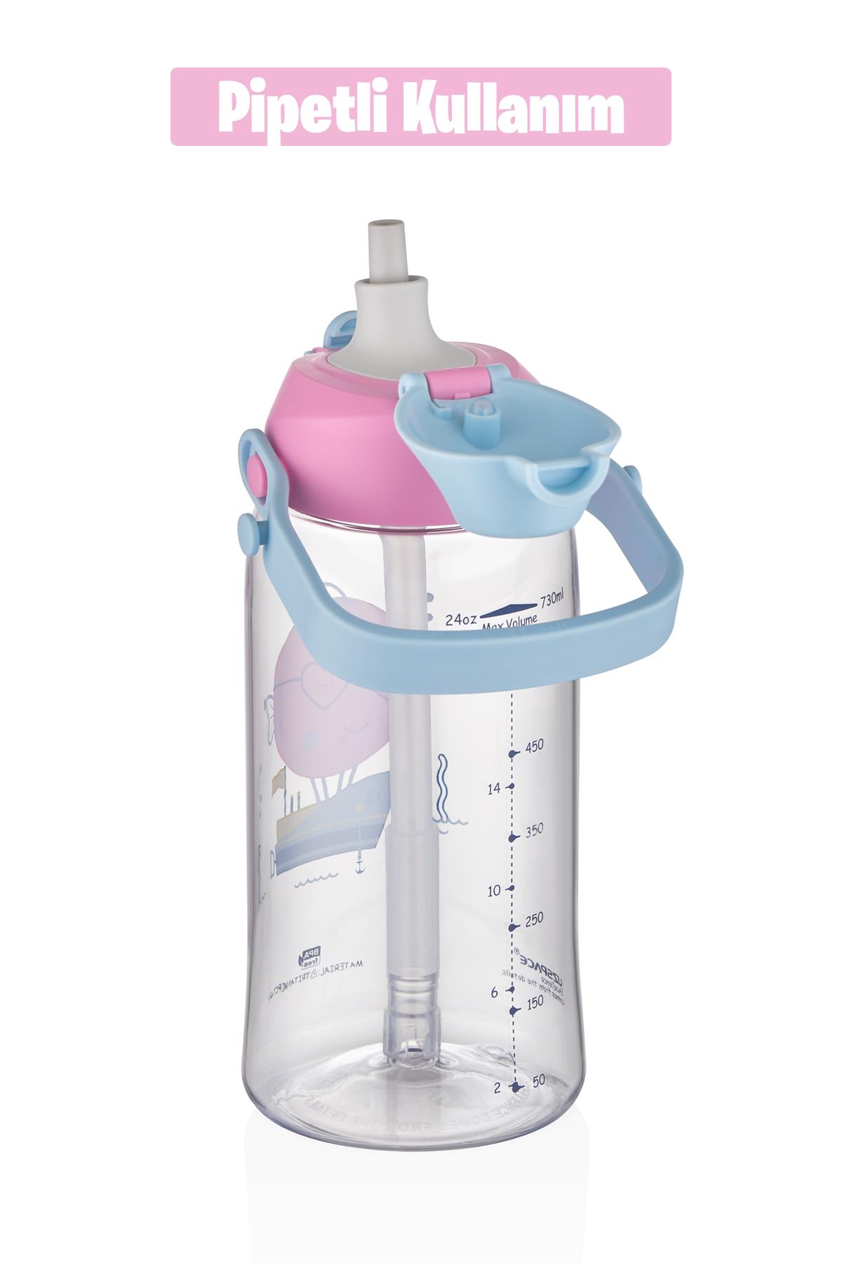 Uzspace 730ml Tritan Tek Kapak Çift Kullanım Pipetli/Pipetsiz Askı Aparatlı Tritan Çocuk Su Matarası