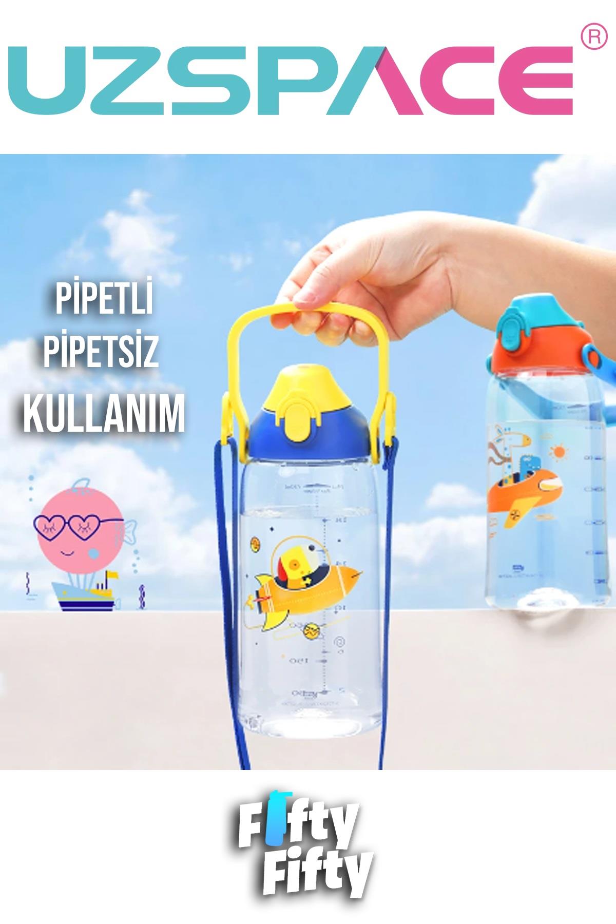 Uzspace 730ml Tritan Tek Kapak Çift Kullanım Pipetli/Pipetsiz Askı Aparatlı Tritan Çocuk Su Matarası