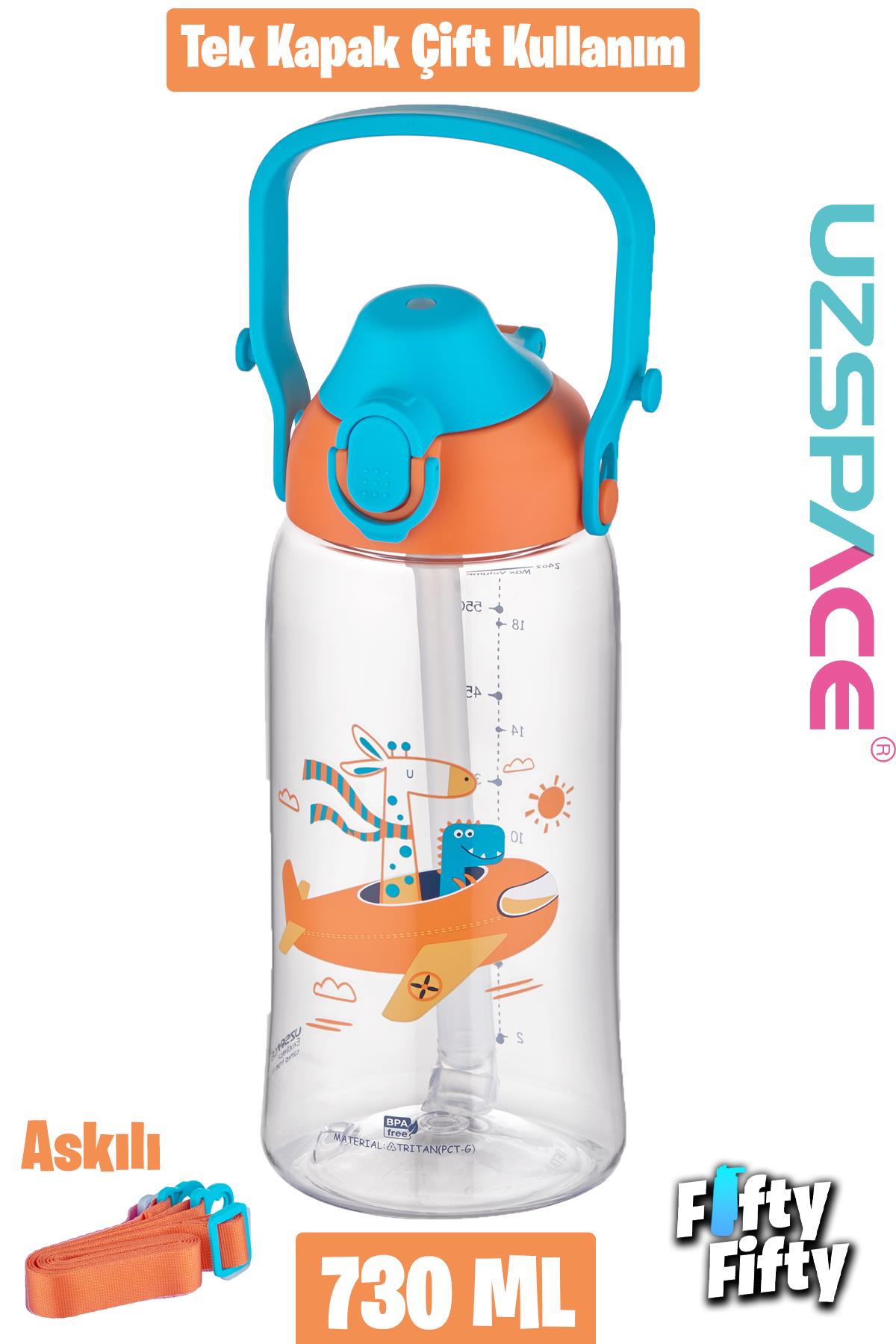 Uzspace 730ml Tritan Tek Kapak Çift Kullanım Pipetli/Pipetsiz Askı Aparatlı Tritan Çocuk Su Matarası