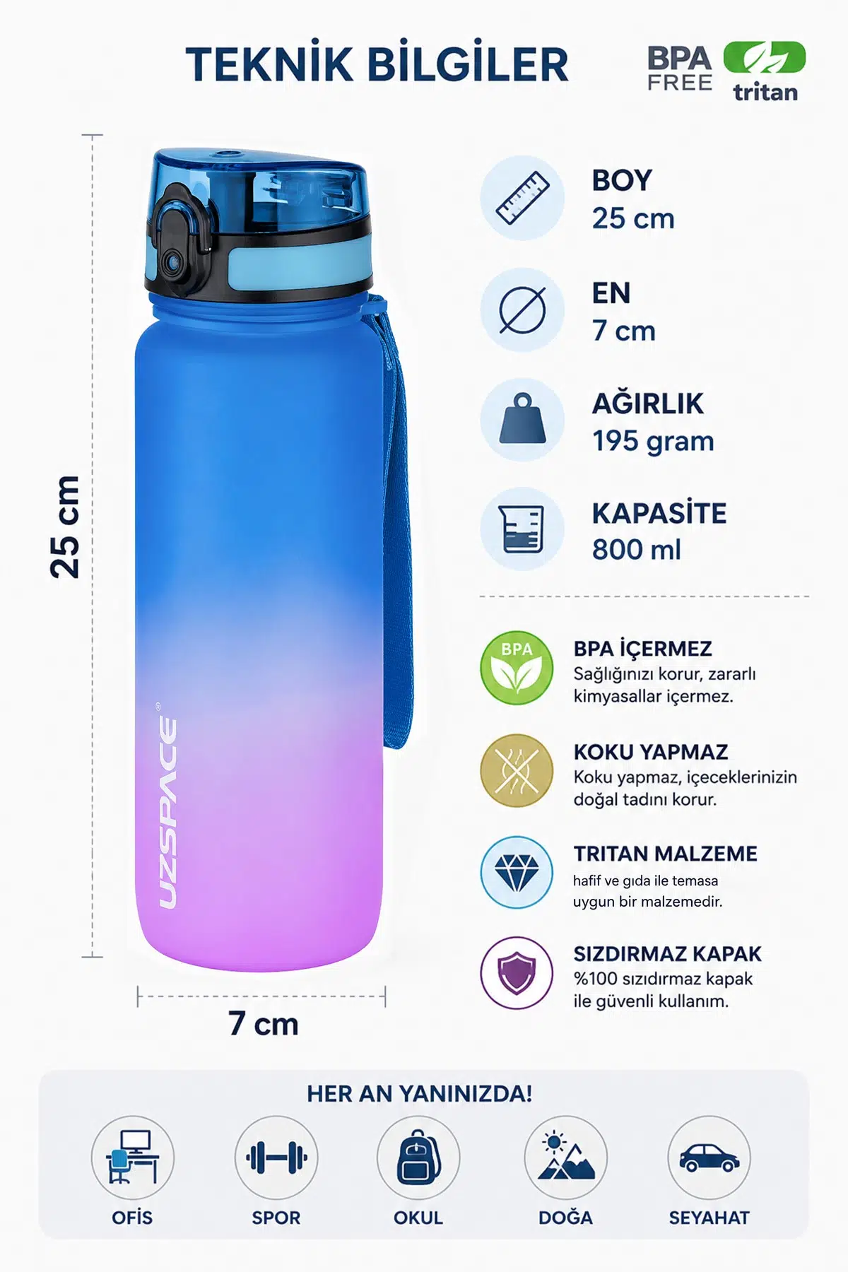 Uzspace 800ml -YENİ EBAT-Çift Renk Softtouch Tritan Su Matarası