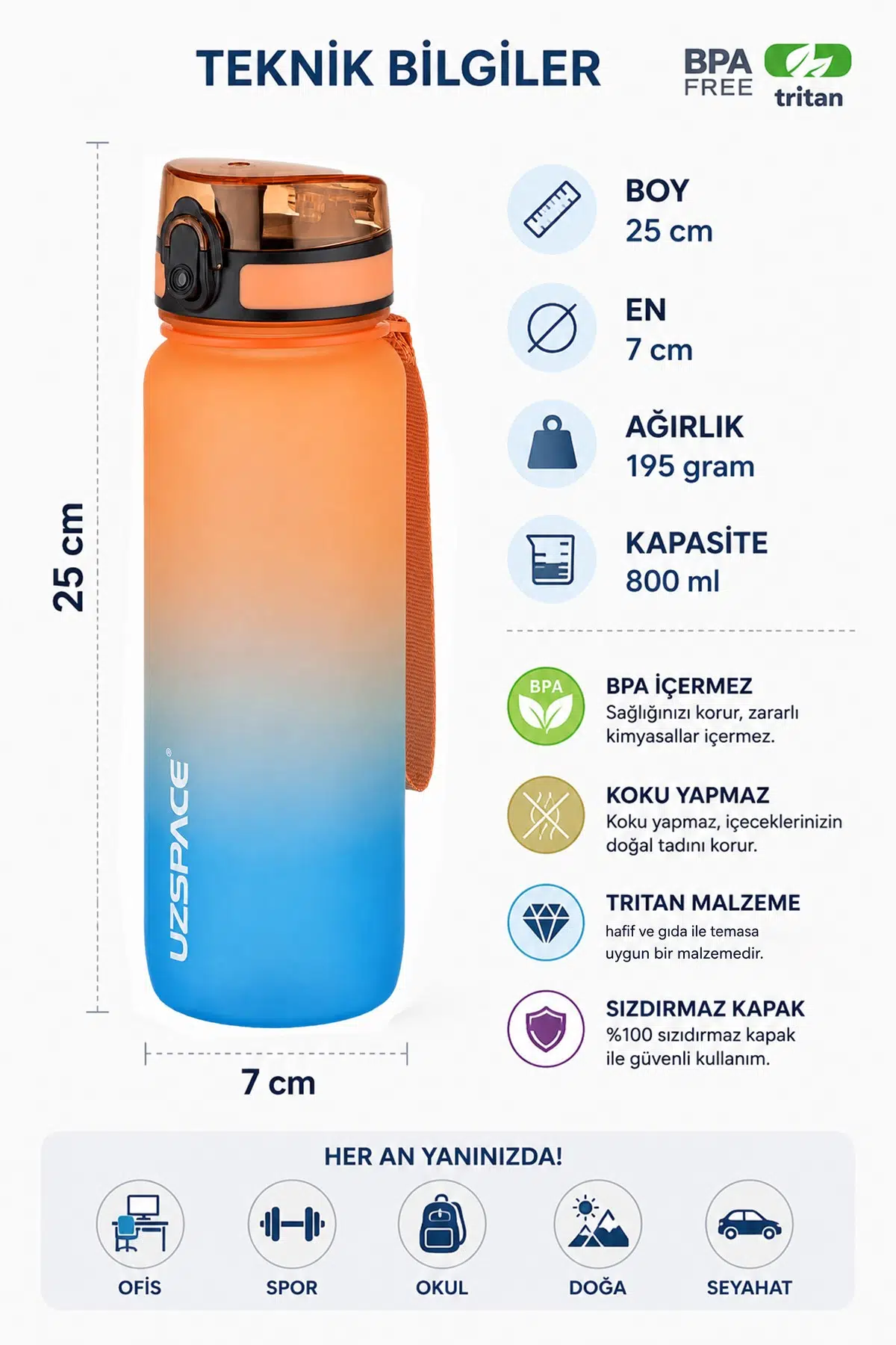 Uzspace 800ml -YENİ EBAT-Çift Renk Softtouch Tritan Su Matarası