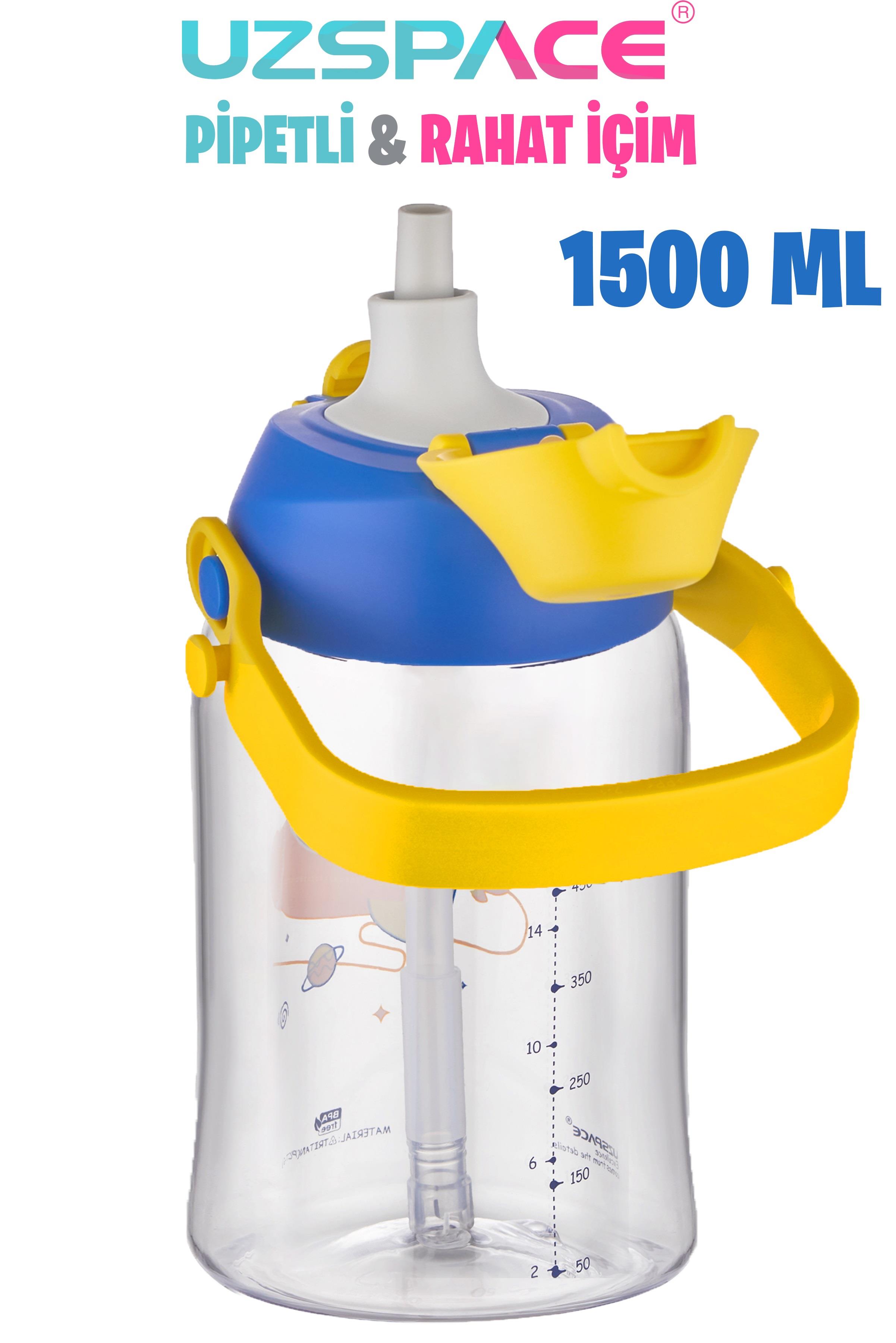 Uzspace Büyük Boy 1500 Ml Tek Kapak Çift Kullanım Pipetli/Pipetsiz Askı Aparatlı Tritan Su Matarası -FFUZ22041500
