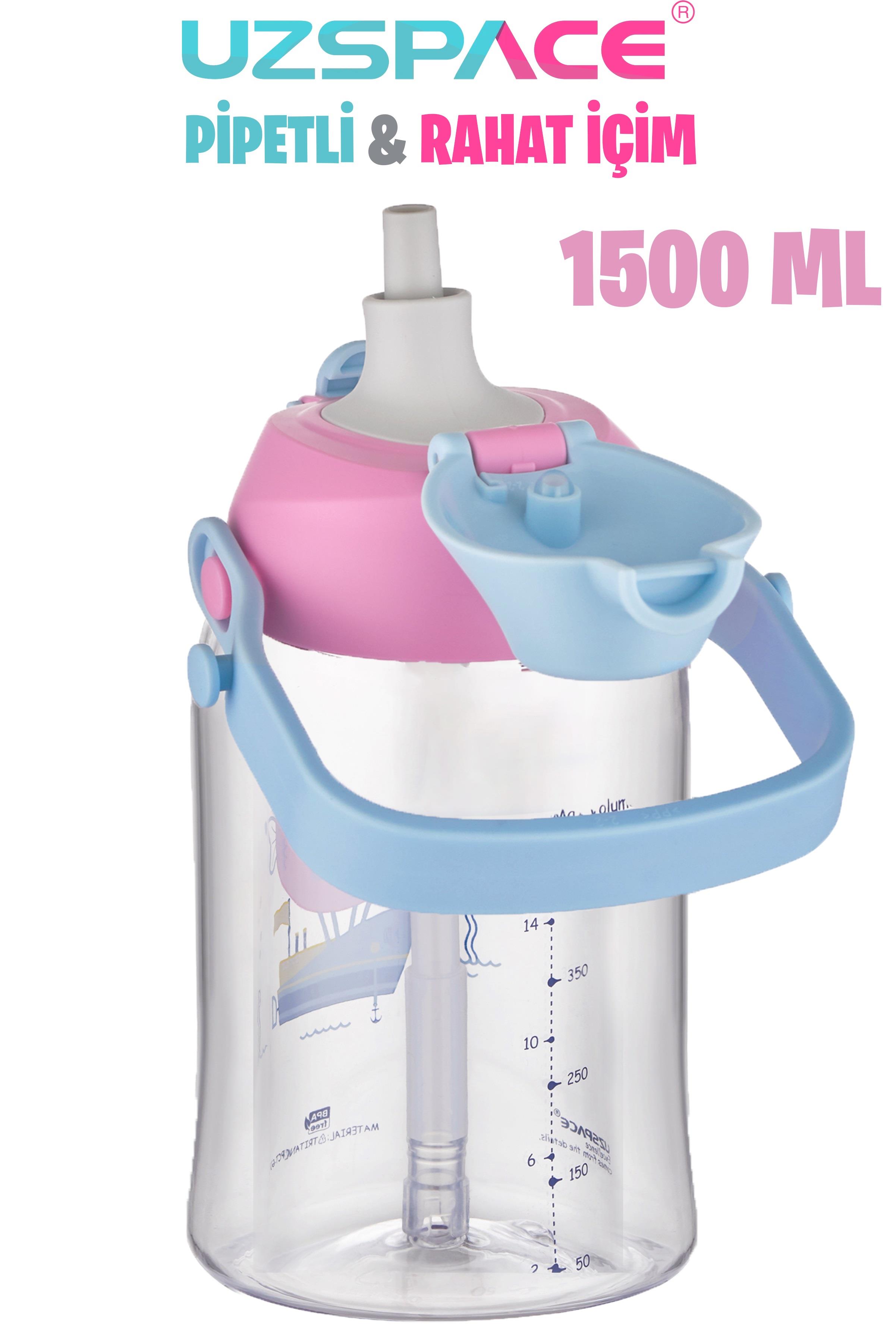 Uzspace Büyük Boy 1500 Ml Tek Kapak Çift Kullanım Pipetli/Pipetsiz Askı Aparatlı Tritan Su Matarası -FFUZ22041500