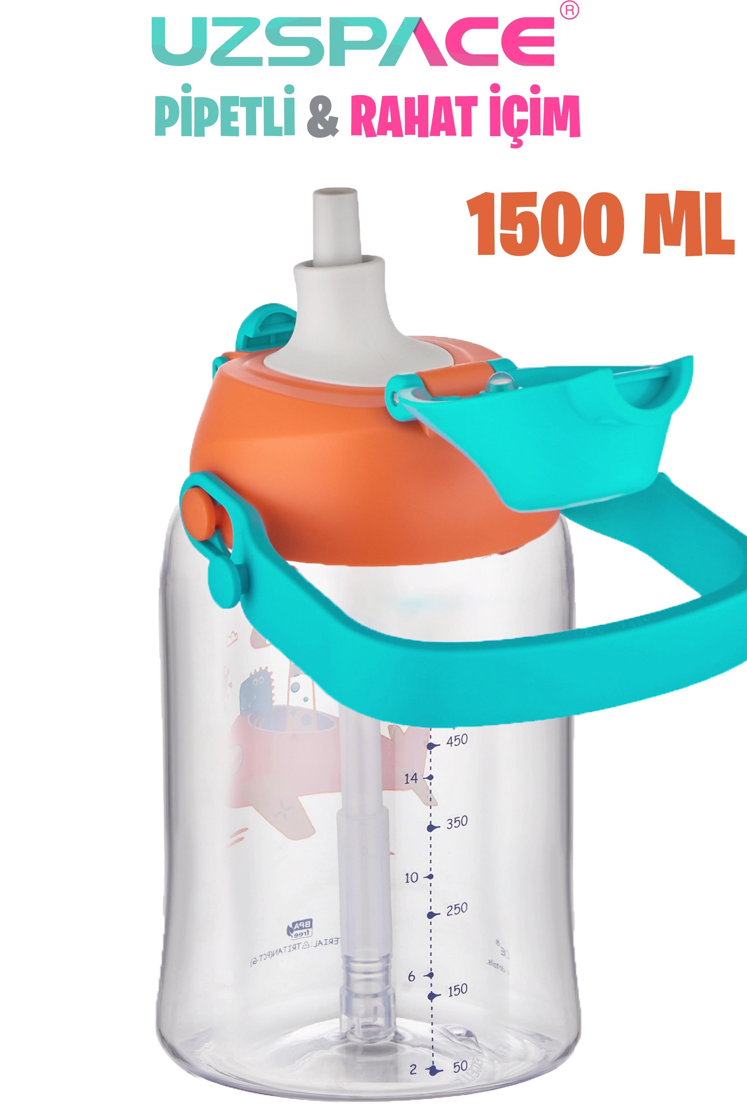 Uzspace Büyük Boy 1500 Ml Tek Kapak Çift Kullanım Pipetli/Pipetsiz Askı Aparatlı Tritan Su Matarası -FFUZ22041500