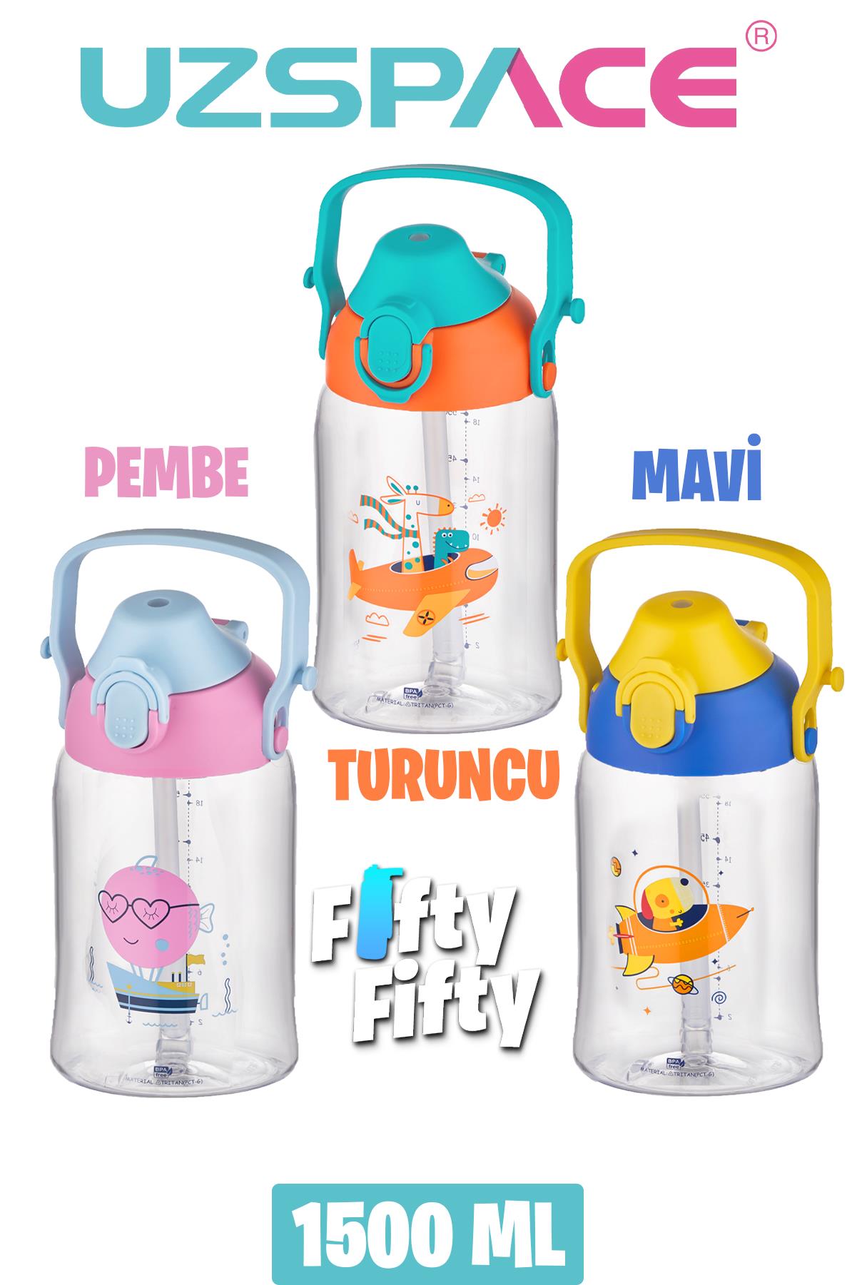 Uzspace Büyük Boy 1500 Ml Tek Kapak Çift Kullanım Pipetli/Pipetsiz Askı Aparatlı Tritan Su Matarası -FFUZ22041500