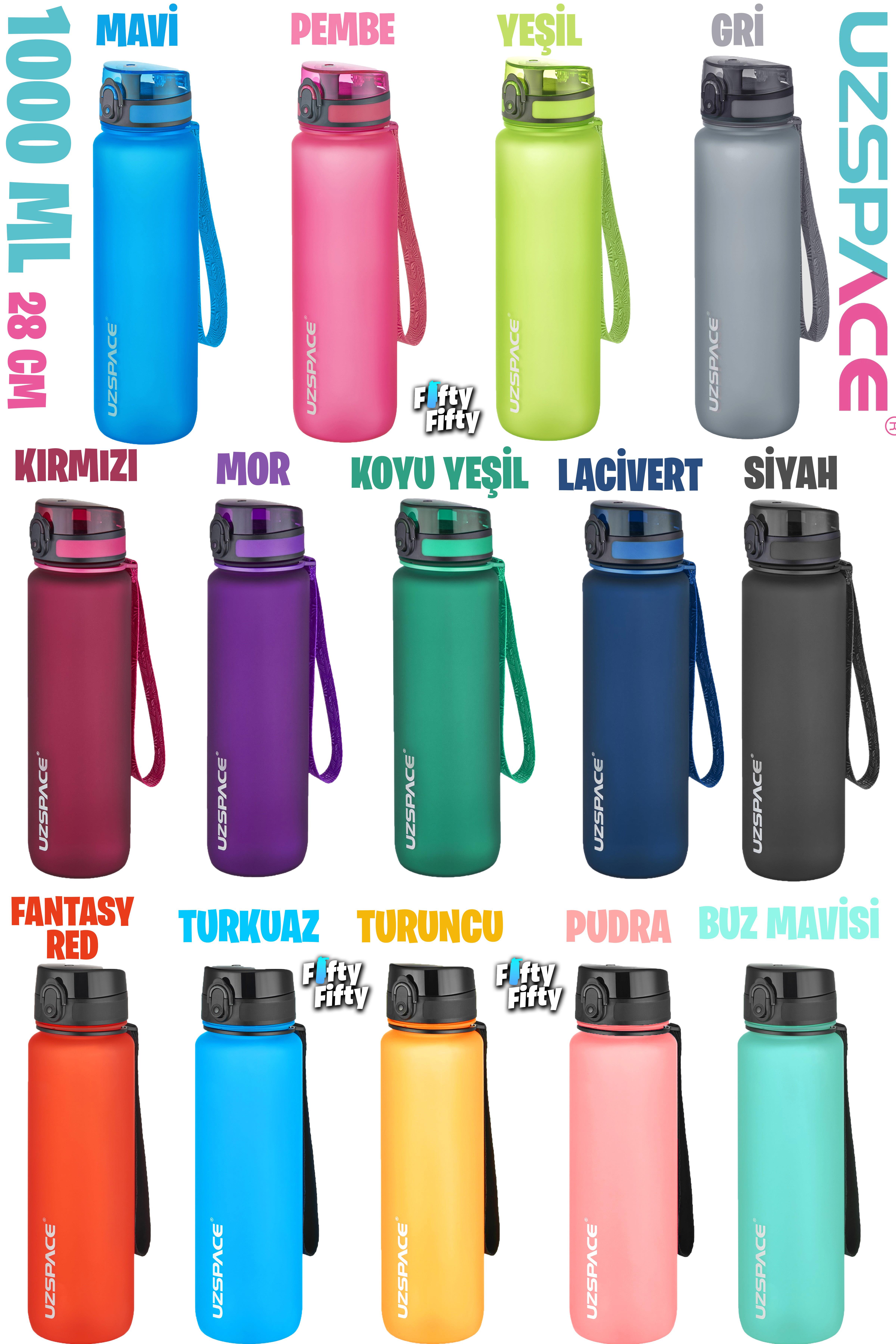 Uzspace Büyük Boy 28 cm 1000 ml 1 litre Tritan Su Matarası 14 Renk FiftyFifty Softtouch