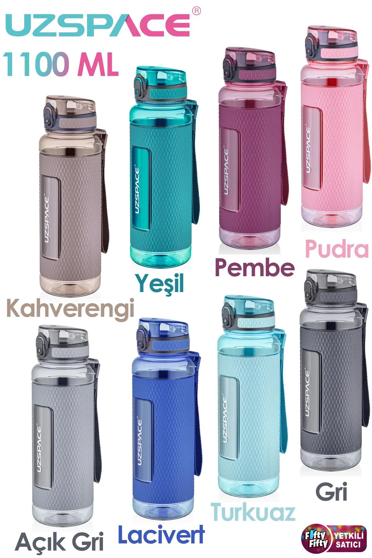 Uzspace FiftyFifty 1100ml -MEGA BÜYÜK BOY- Tritan Su Matarası Silikon Korumalı Kaydırmaz Gövde