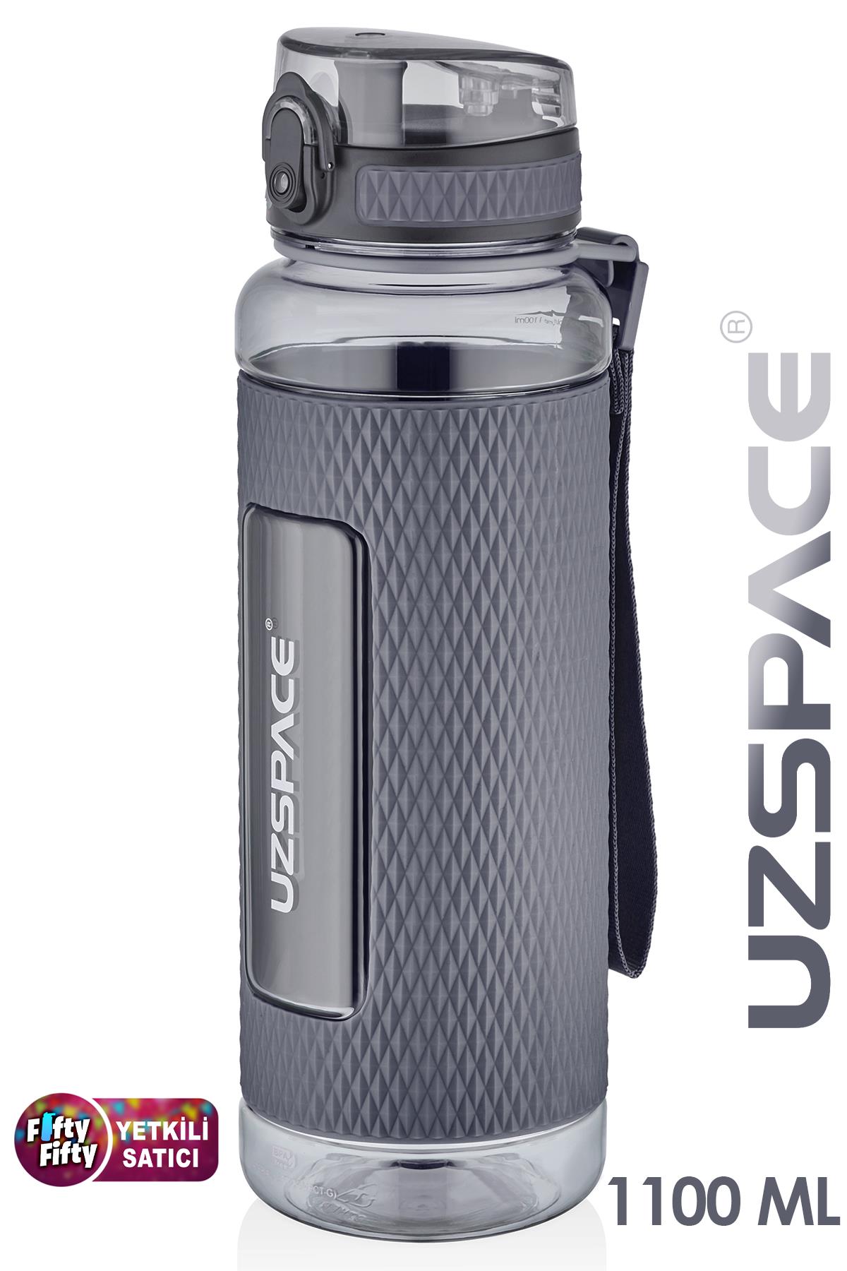 Uzspace FiftyFifty 1100ml -MEGA BÜYÜK BOY- Tritan Su Matarası Silikon Korumalı Kaydırmaz Gövde - Gri