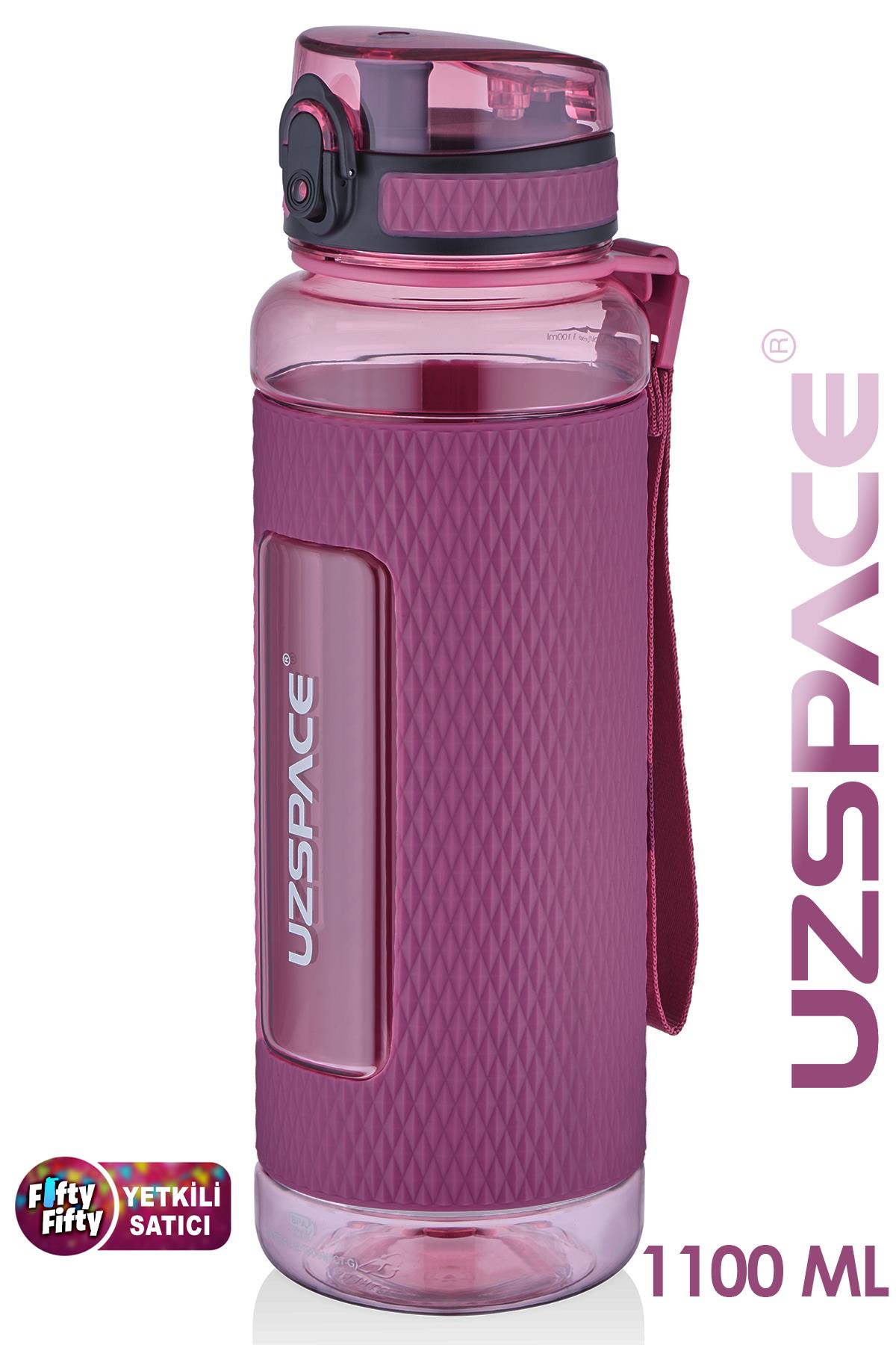 Uzspace FiftyFifty 1100ml -MEGA BÜYÜK BOY- Tritan Su Matarası Silikon Korumalı Kaydırmaz Gövde - Pembe