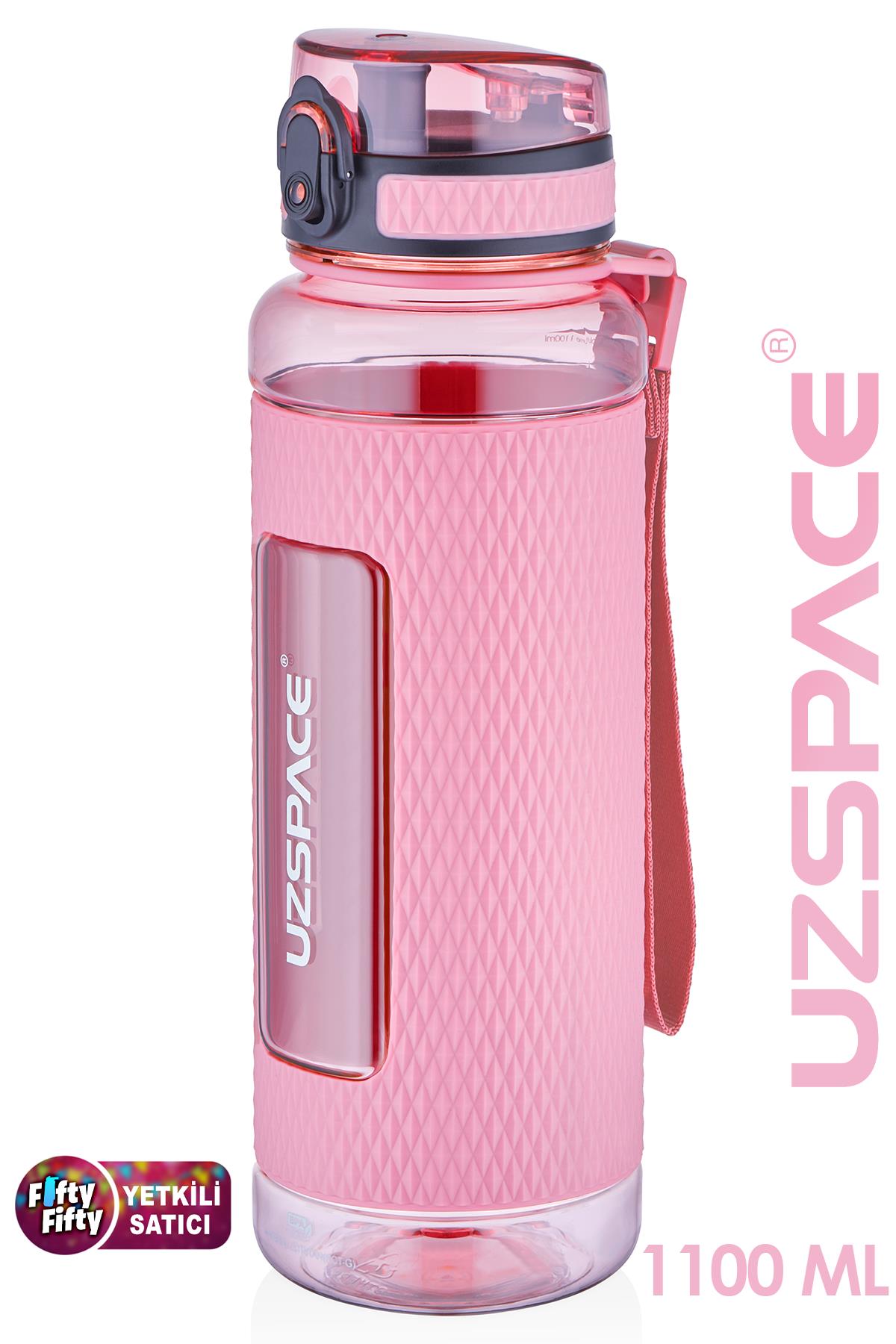 Uzspace FiftyFifty 1100ml -MEGA BÜYÜK BOY- Tritan Su Matarası Silikon Korumalı Kaydırmaz Gövde - Pudra