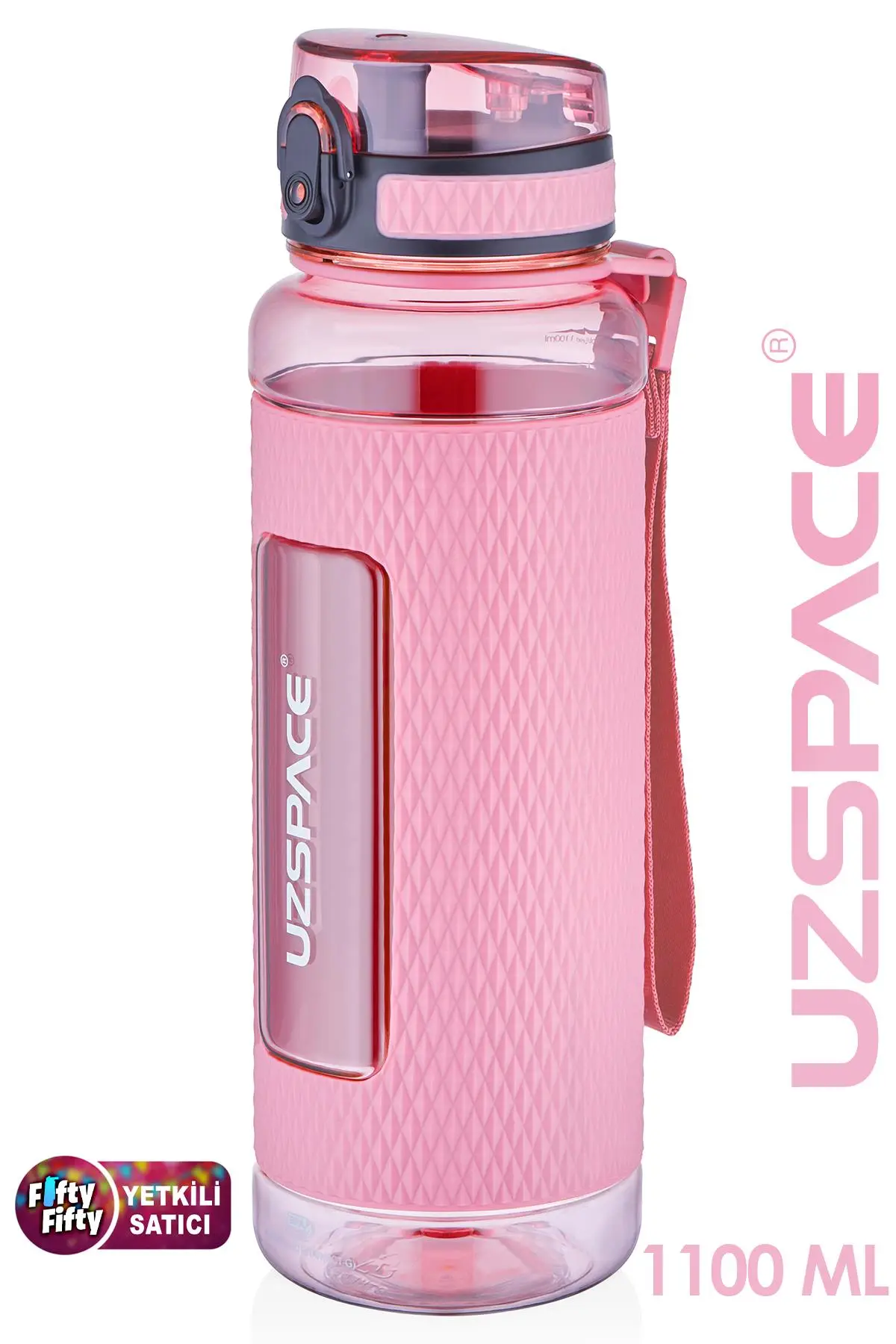 Uzspace FiftyFifty 1100ml -MEGA BÜYÜK BOY- Tritan Su Matarası Silikon Korumalı Kaydırmaz Gövde - Pudra