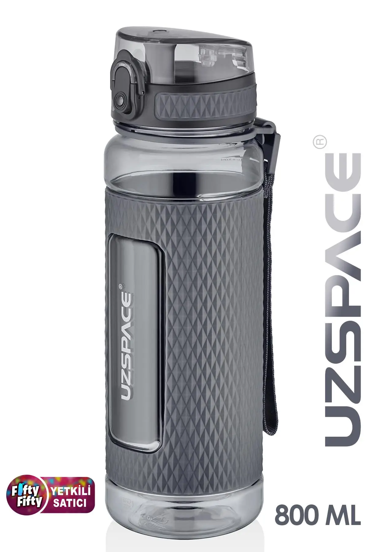 Uzspace FiftyFifty 800ml -BÜYÜK BOY- Tritan Su Matarası Silikon Korumalı Kaydırmaz Gövde - Gri
