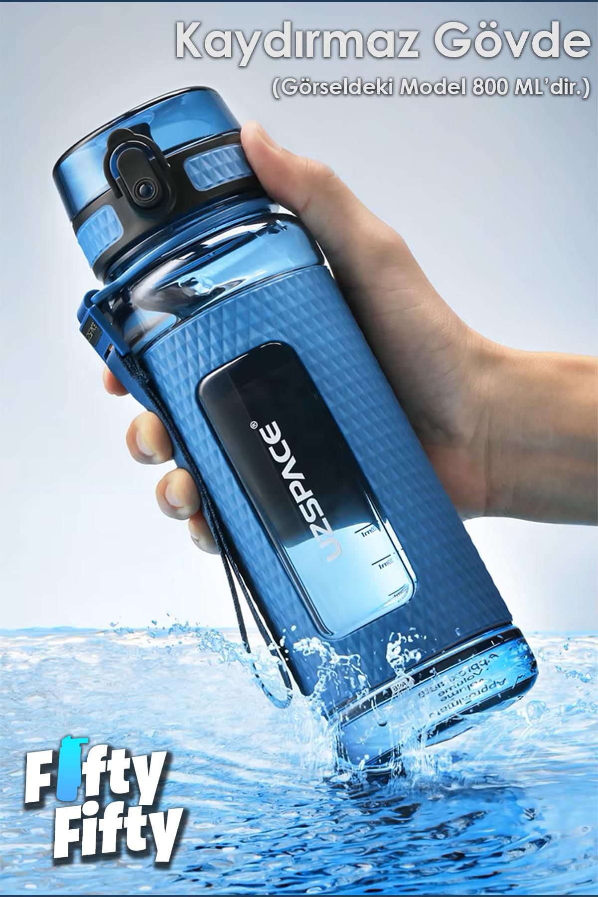 Uzspace FiftyFifty 800ml -BÜYÜK BOY- Tritan Su Matarası Silikon Korumalı Kaydırmaz Gövde
