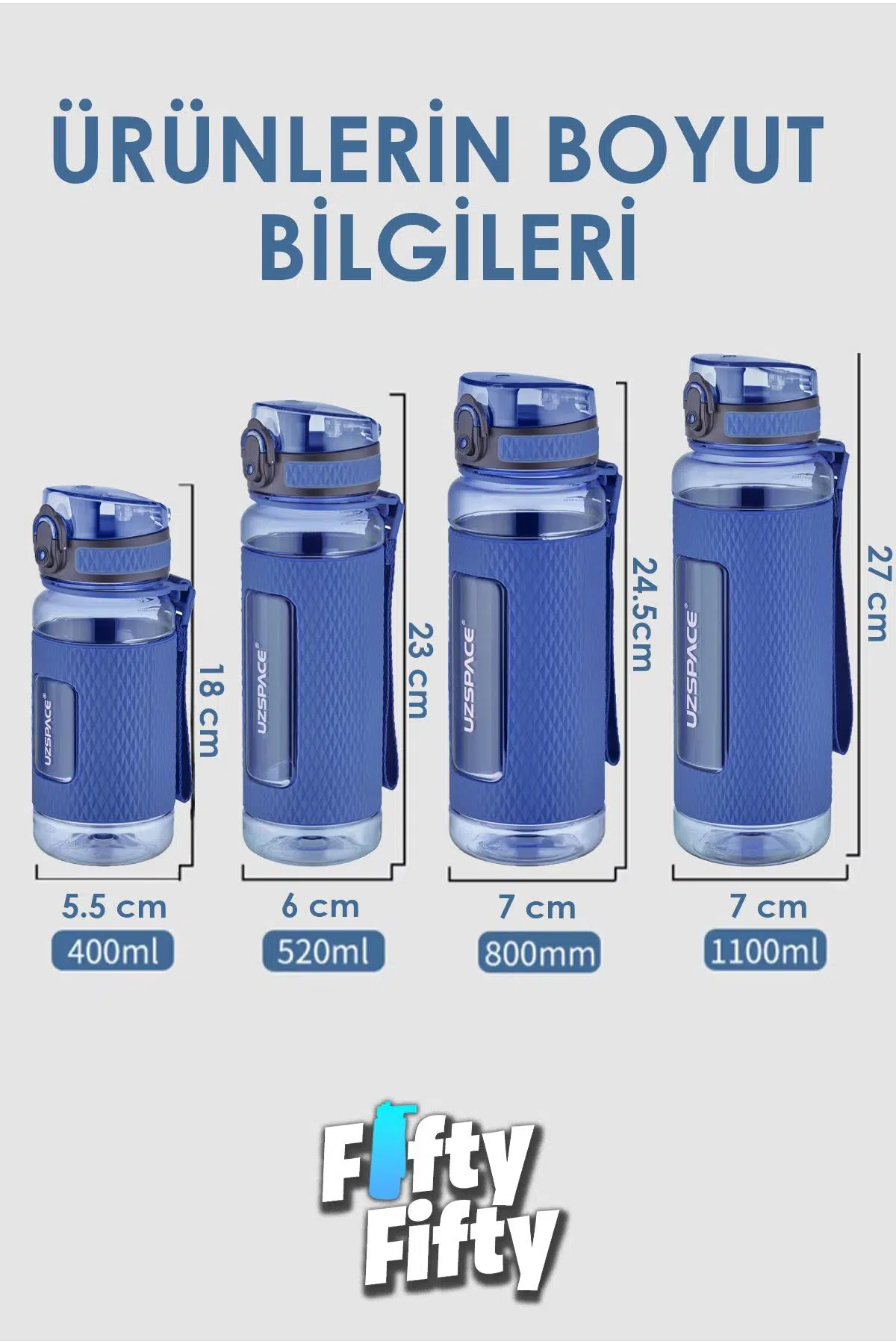 Uzspace FiftyFifty 800ml -BÜYÜK BOY- Tritan Su Matarası Silikon Korumalı Kaydırmaz Gövde