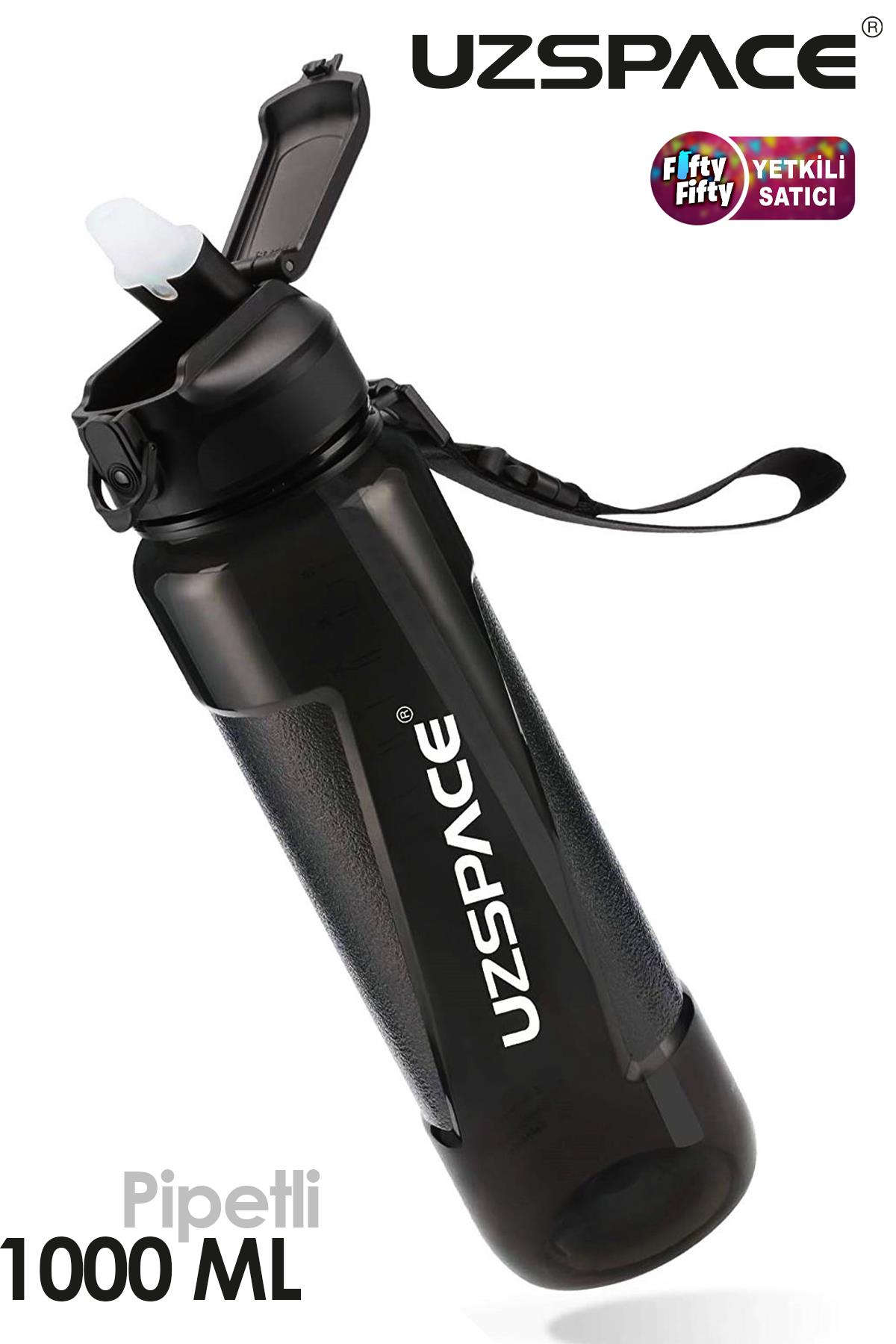 Uzspace FiftyFifty PİPETLİ 1000ml -Büyük Boy- Tritan Su Matarası - Siyah
