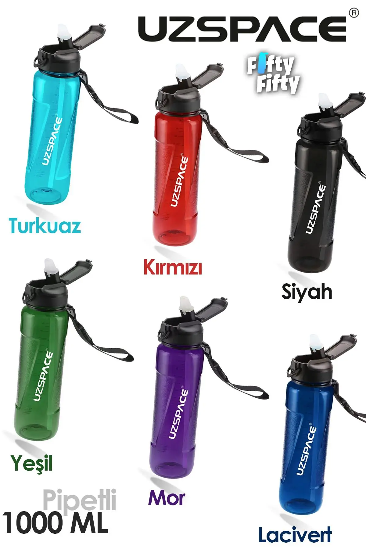Uzspace FiftyFifty PİPETLİ 1000ml -Büyük Boy- Tritan Su Matarası 