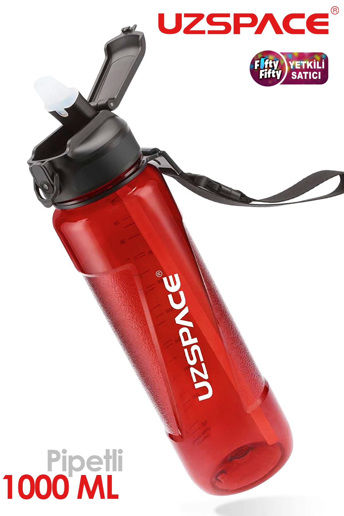 Uzspace FiftyFifty PİPETLİ 1000ml -Büyük Boy- Tritan Su Matarası - Kırmızı