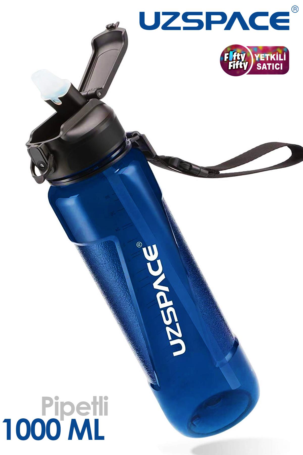 Uzspace FiftyFifty PİPETLİ 1000ml -Büyük Boy- Tritan Su Matarası - Lacivert