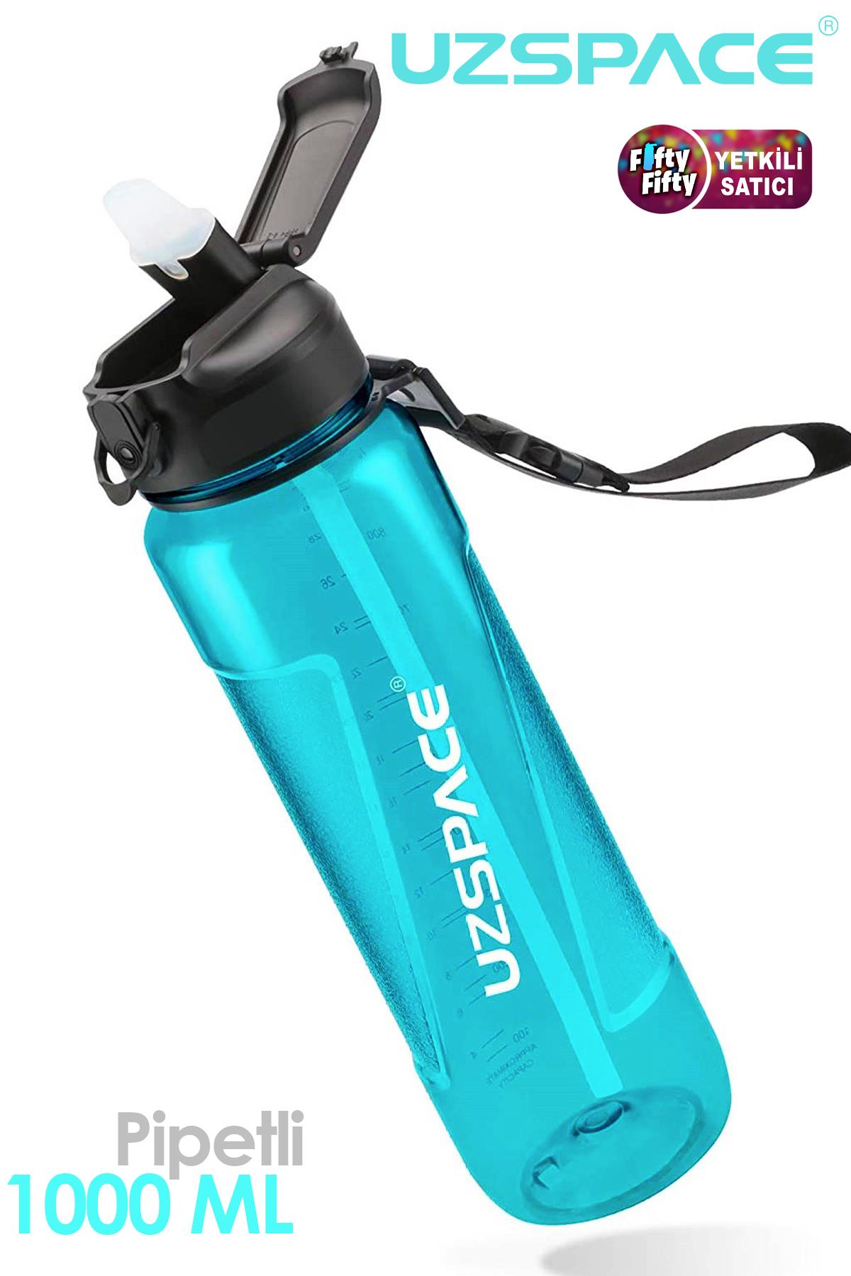 Uzspace FiftyFifty PİPETLİ 1000ml -Büyük Boy- Tritan Su Matarası - Turkuaz
