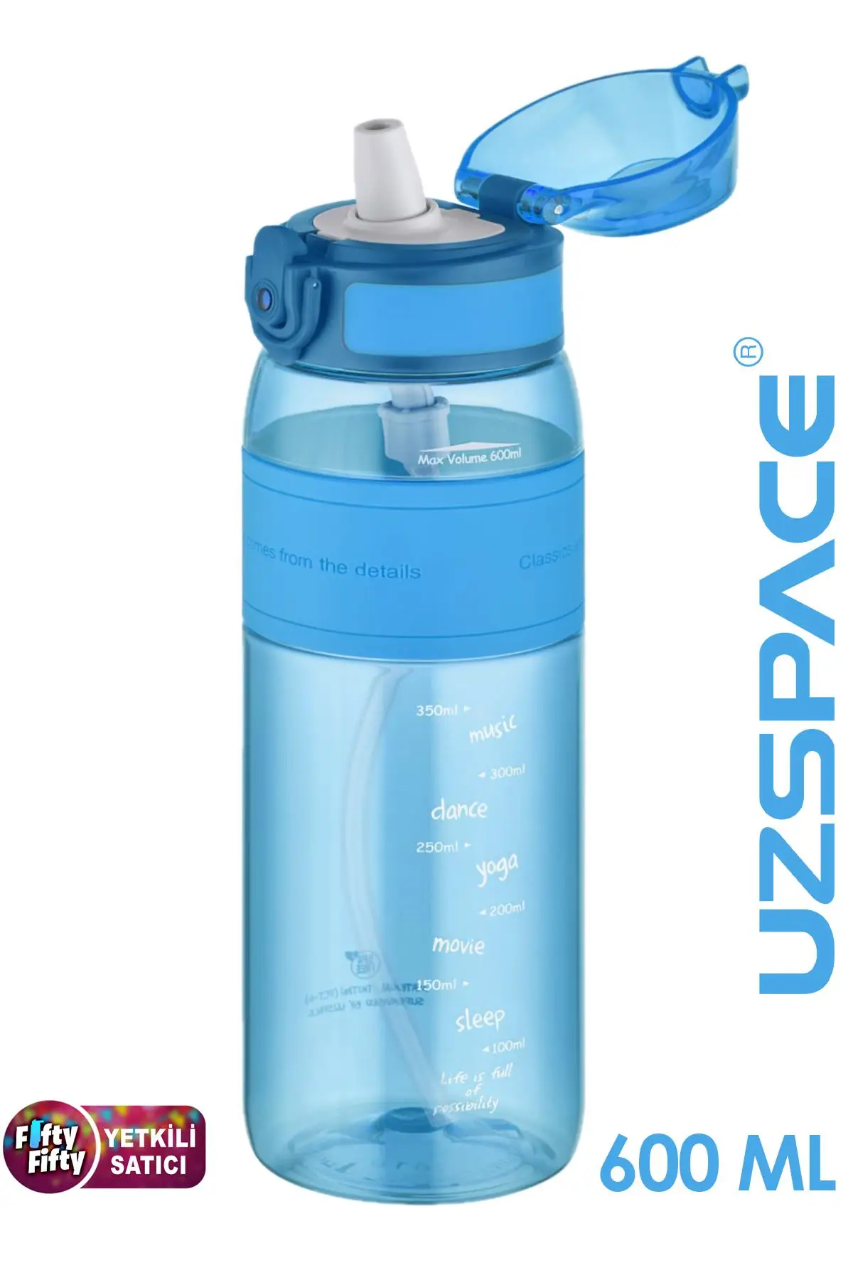 Uzspace FiftyFifty Pipetli(ısırılamaz) 600 ml Silikon Gövde Tritan Su Matarası - Açık Mavi