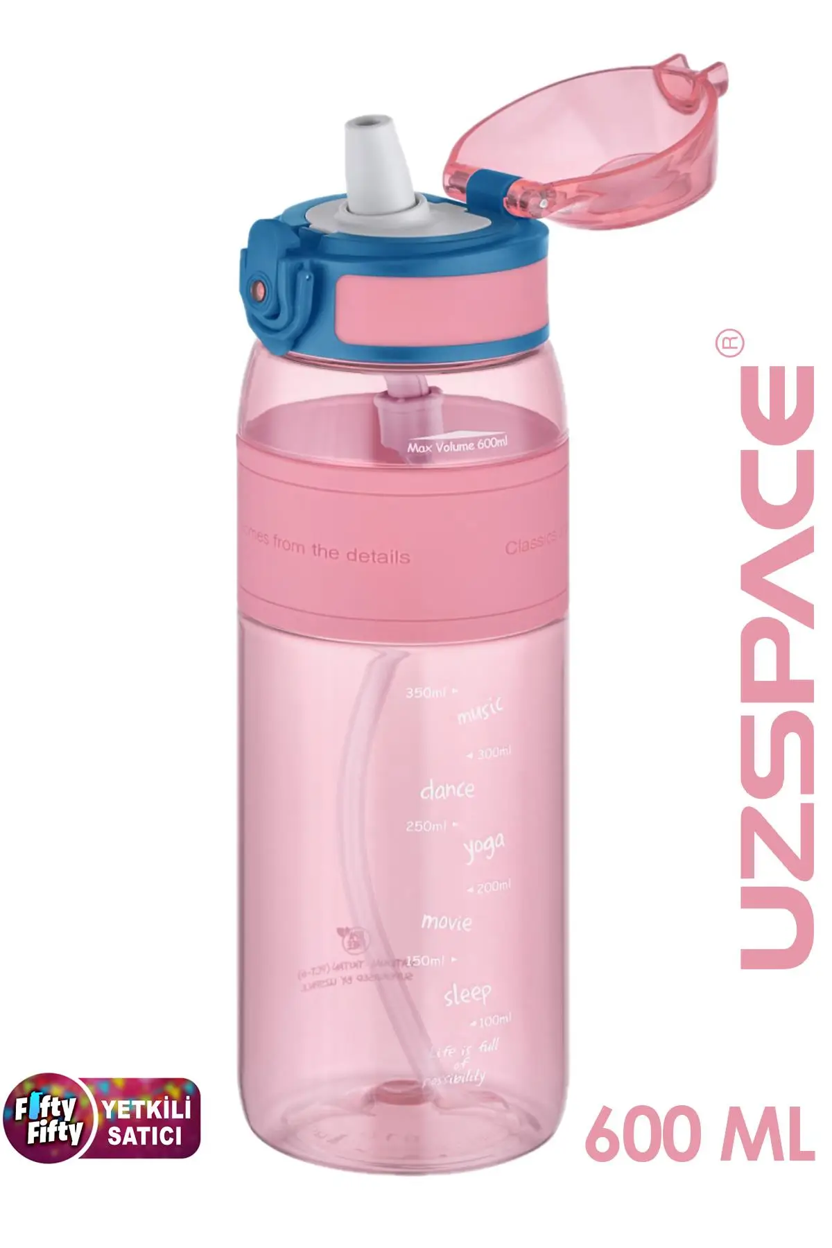 Uzspace FiftyFifty Pipetli(ısırılamaz) 600 ml Silikon Gövde Tritan Su Matarası - Pudra
