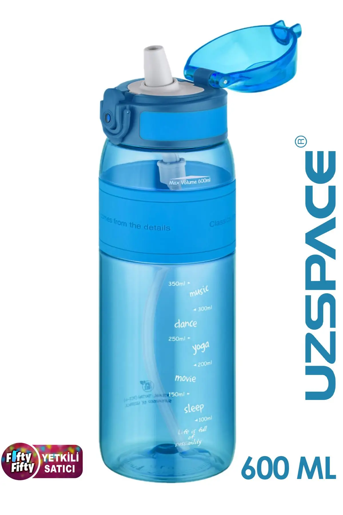 Uzspace FiftyFifty Pipetli(ısırılamaz) 600 ml Silikon Gövde Tritan Su Matarası - Koyu Mavi