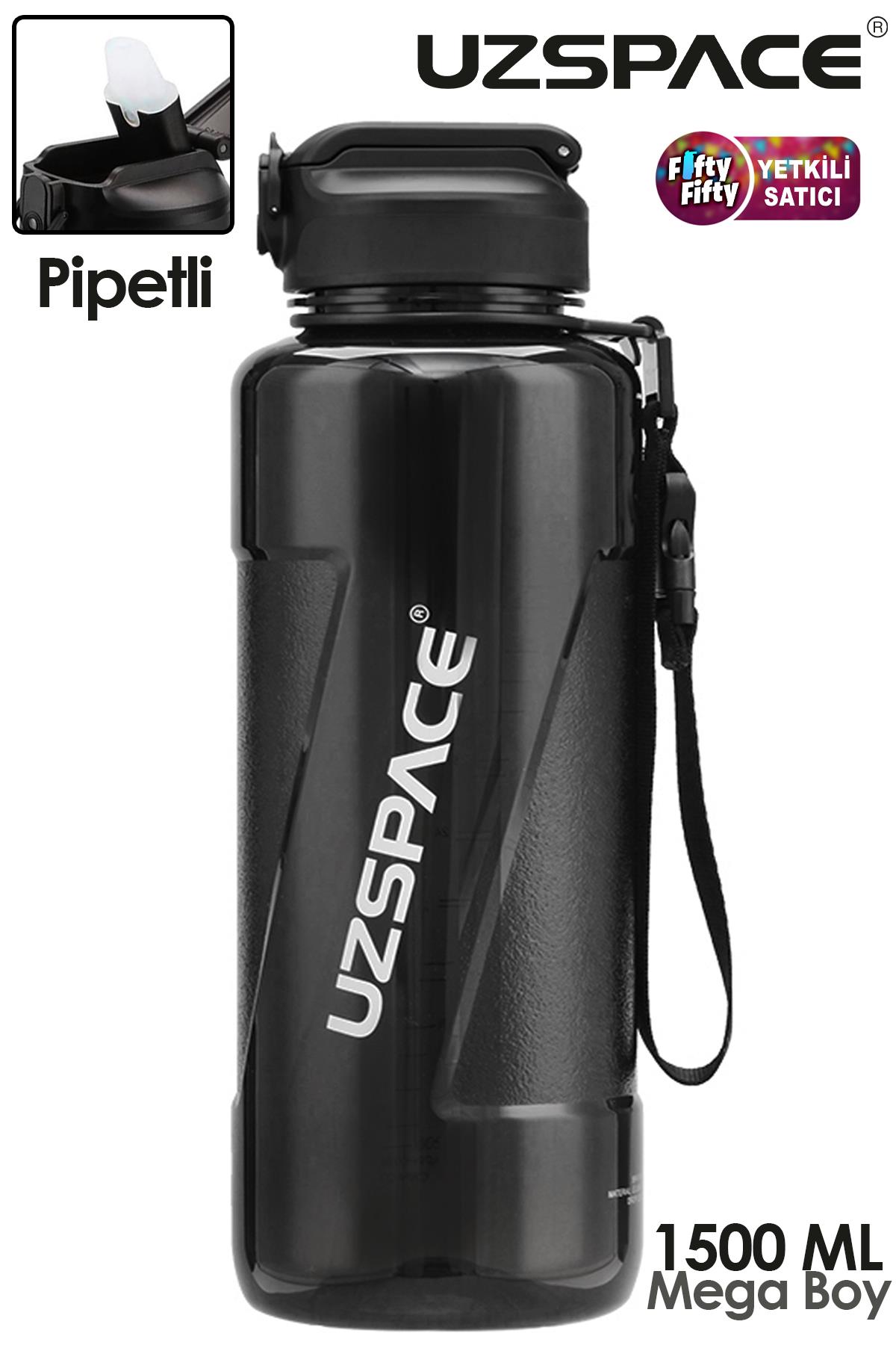 Uzspace FiftyFifty PİPETLİ MEGA BOY 1500ml Tritan Su Matarası - Siyah