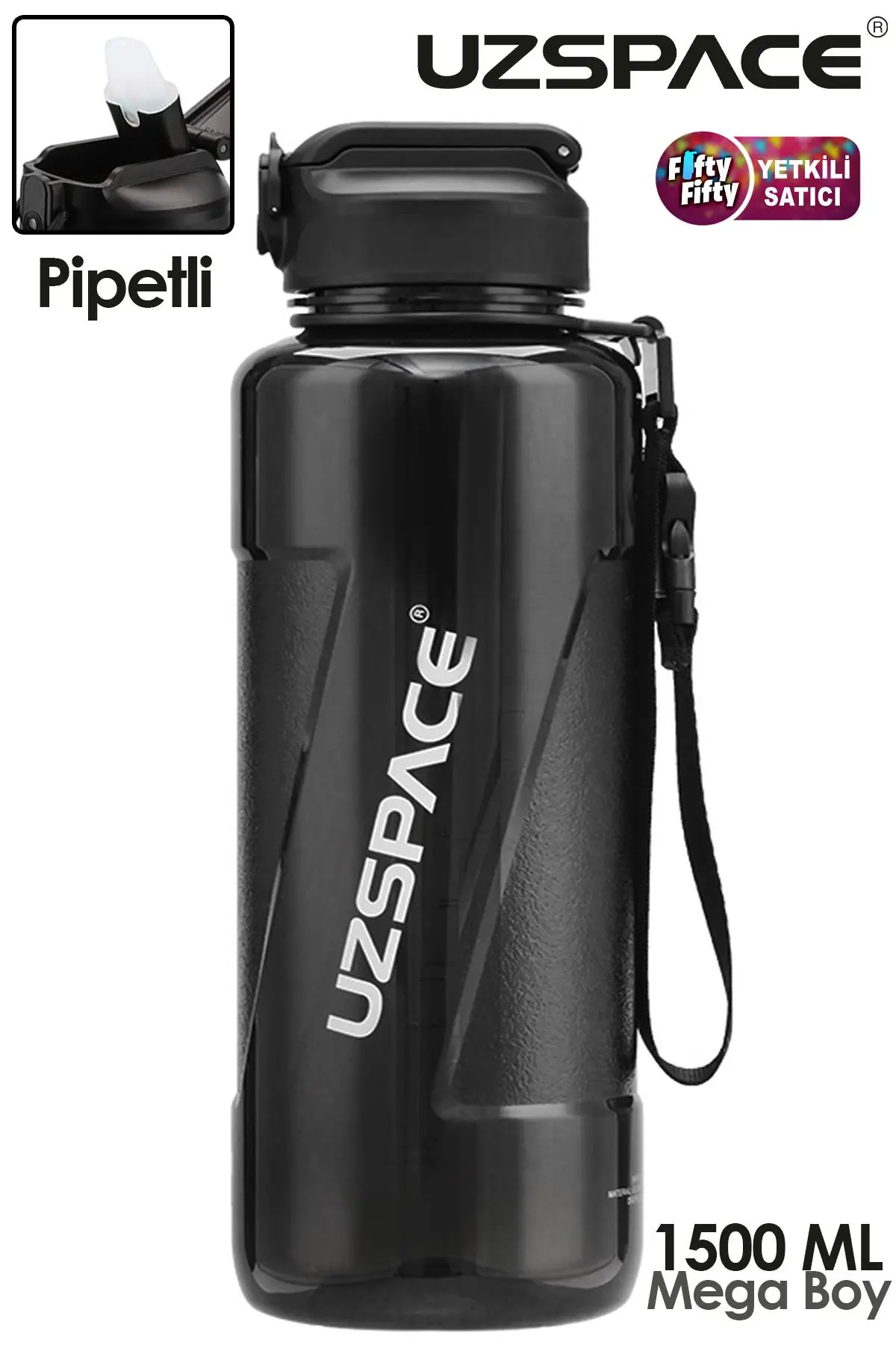 Uzspace FiftyFifty PİPETLİ MEGA BOY 1500ml Tritan Su Matarası - Siyah